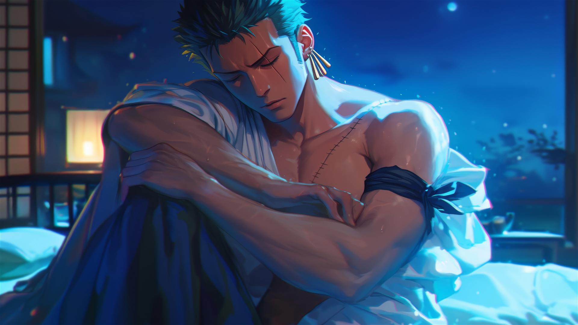 Roronoa Zoro resting in apartment with moonlight glow