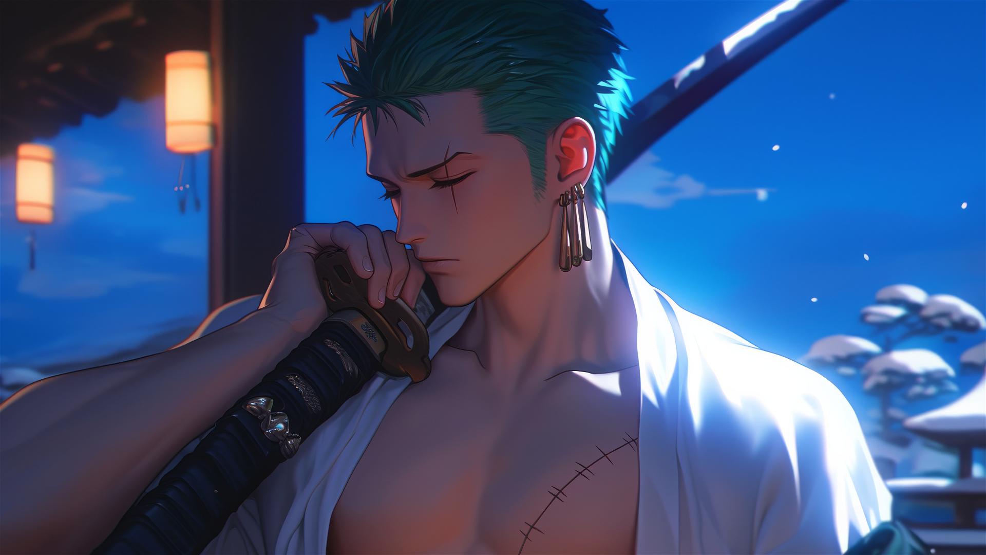Roronoa Zoro resting leisurely under moonlight in an apartment
