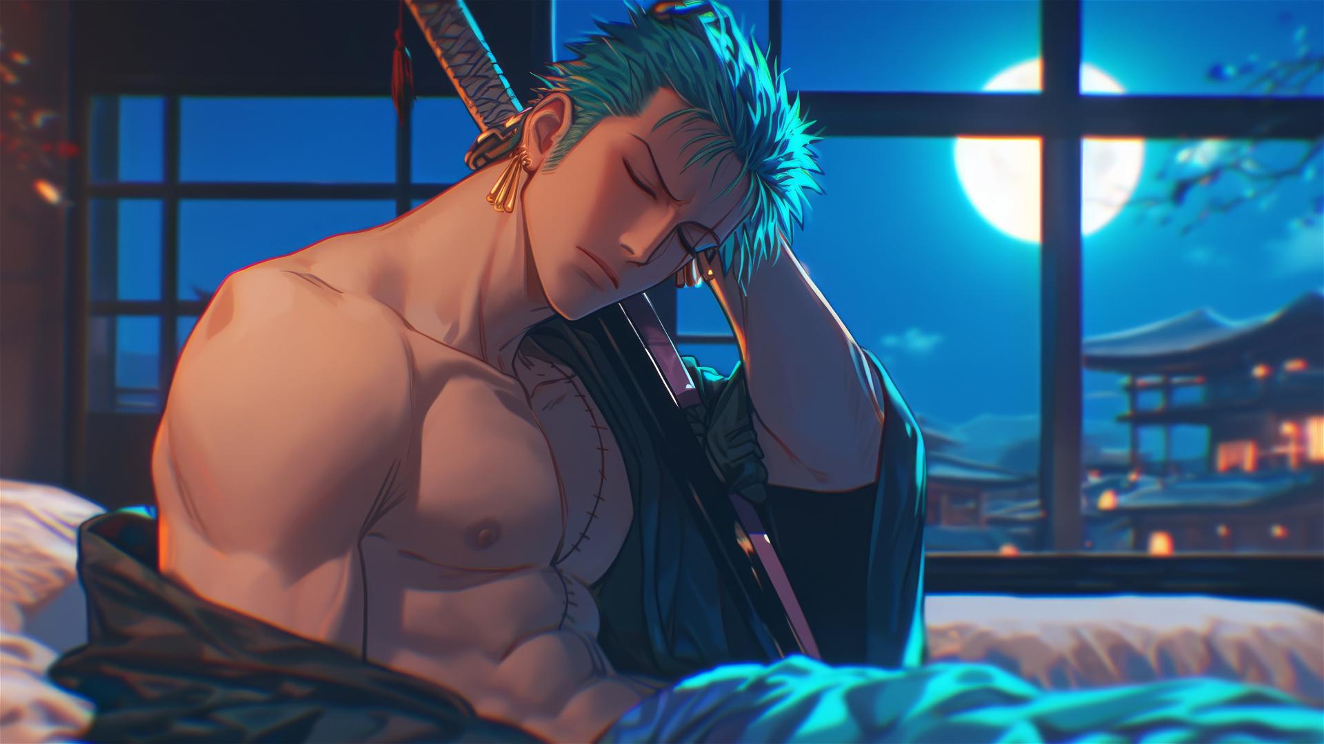 Roronoa Zoro resting in apartment, bathed in moonlight