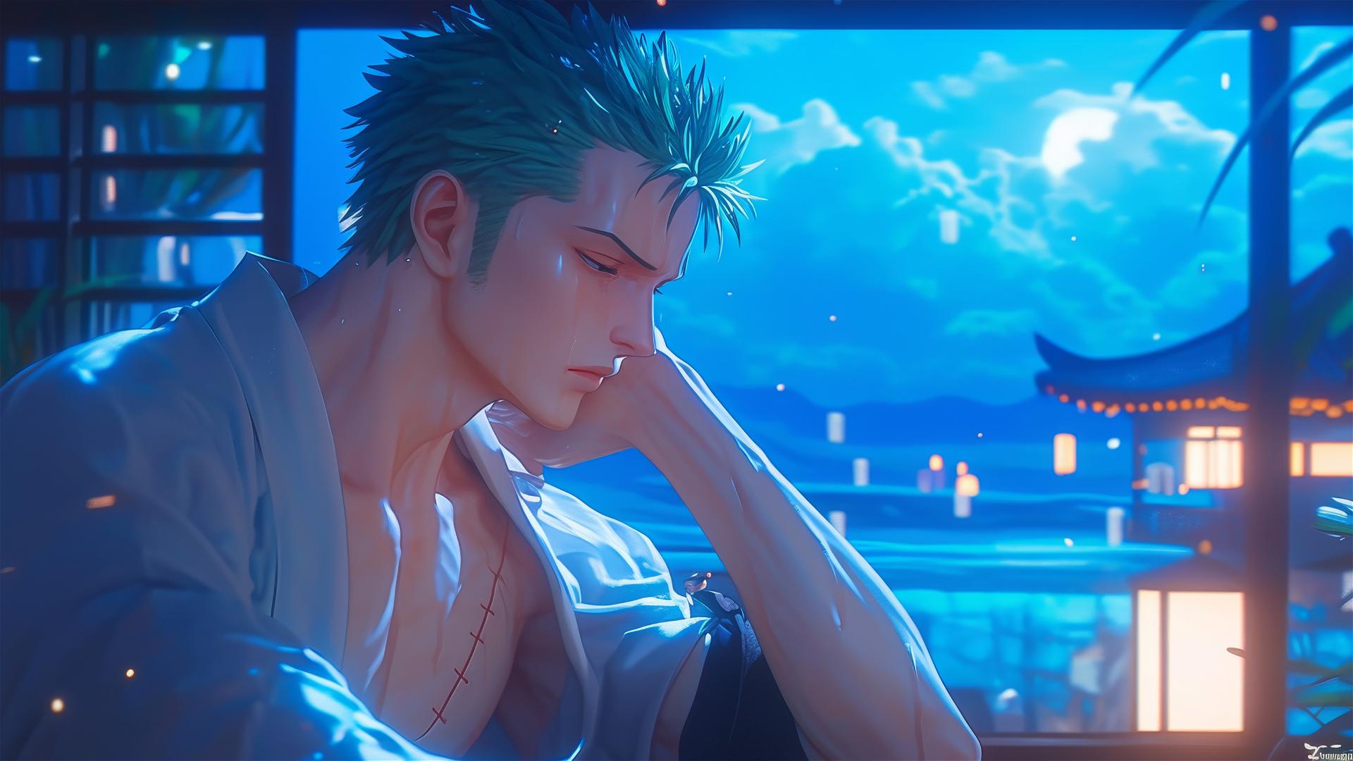 Roronoa Zoro resting in apartment with moonlight glow