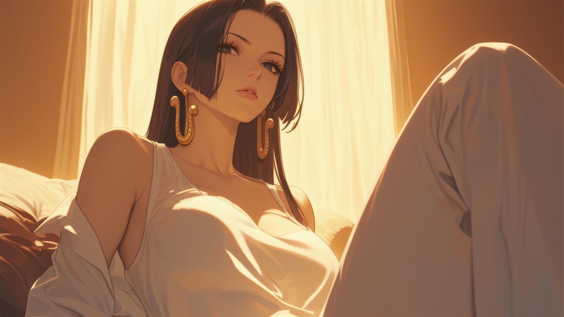 Boa Hancock from One Piece in white silk pajamas during sunrise