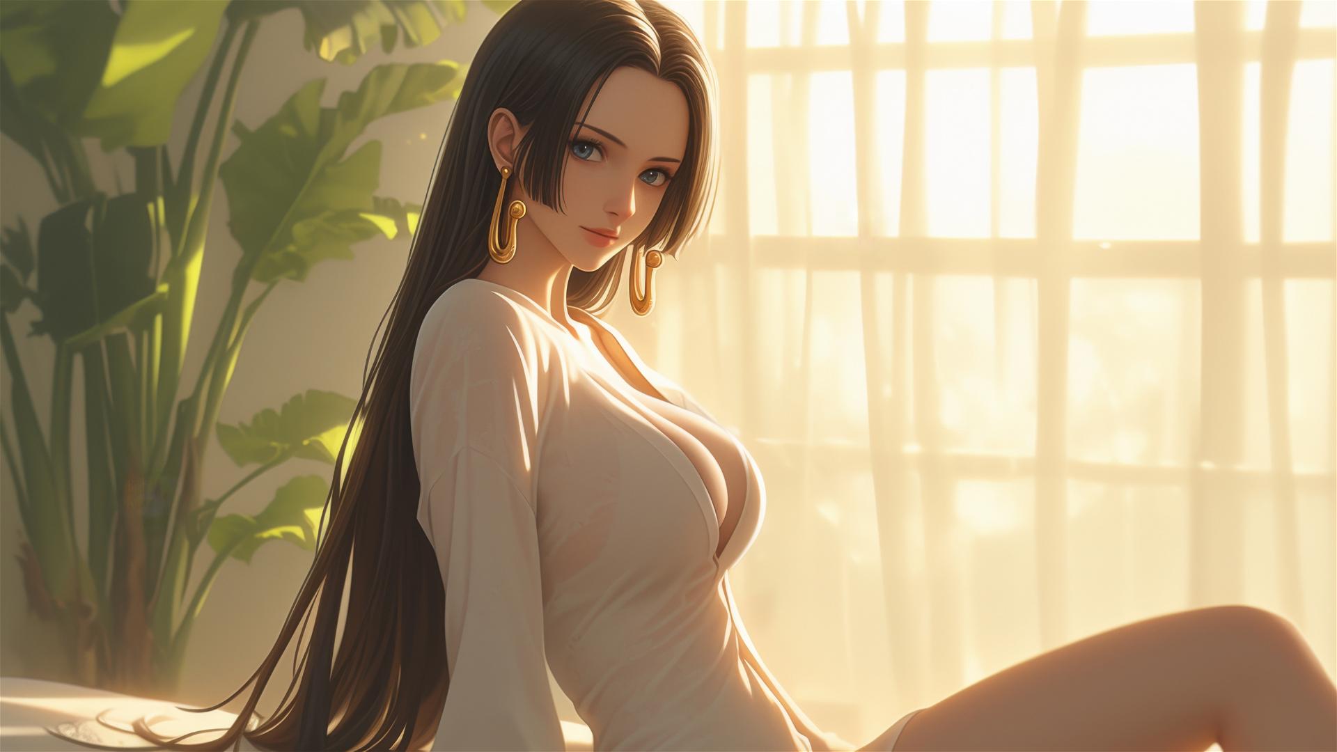 Boa Hancock in white silk pajamas during sunrise in apartment