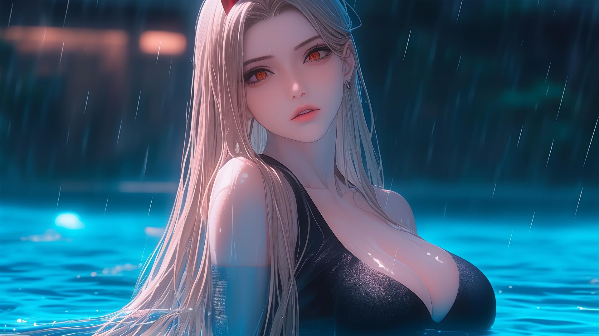 Power from Chainsaw Man lounging at a rainy swimming pool, in a dynamic pose with a focus on thigh, blonde hair, light red horns, dressed in pure black