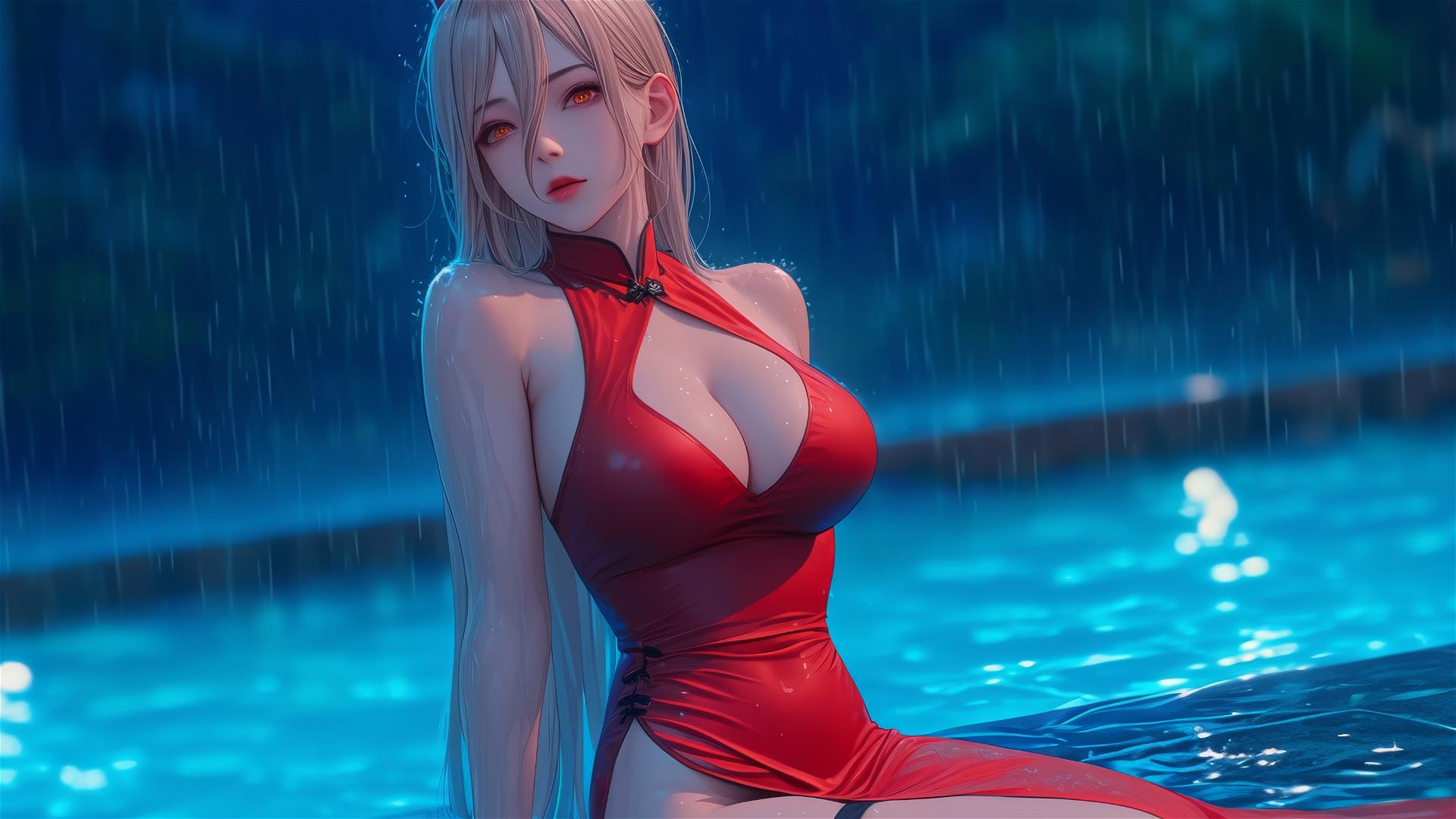 Power from Chainsaw Man posing dynamically by a rainy swimming pool with blond hair and light red horns, in a vibrant red dress