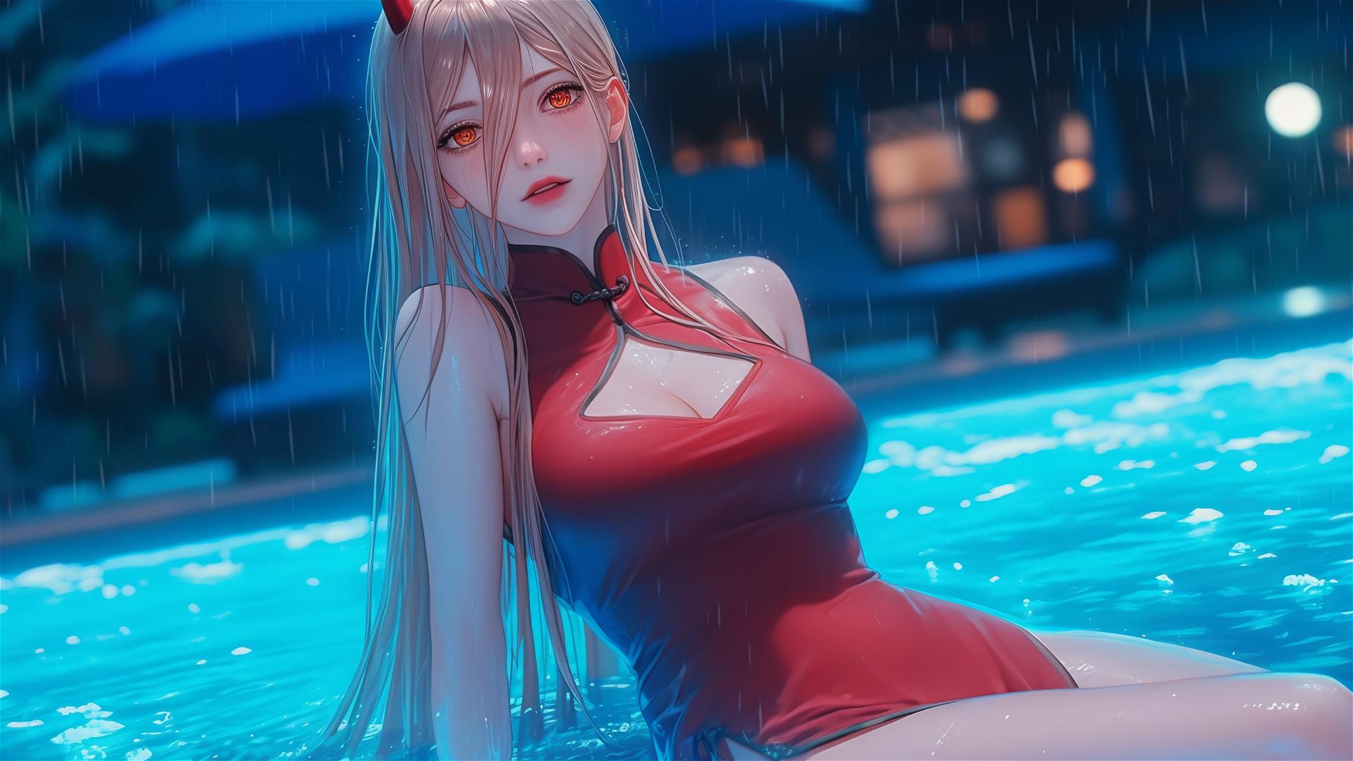 Power from Chainsaw Man, lounging at rainy pool, highlighting her thighs, blond hair and light red horns, in a pure red dress