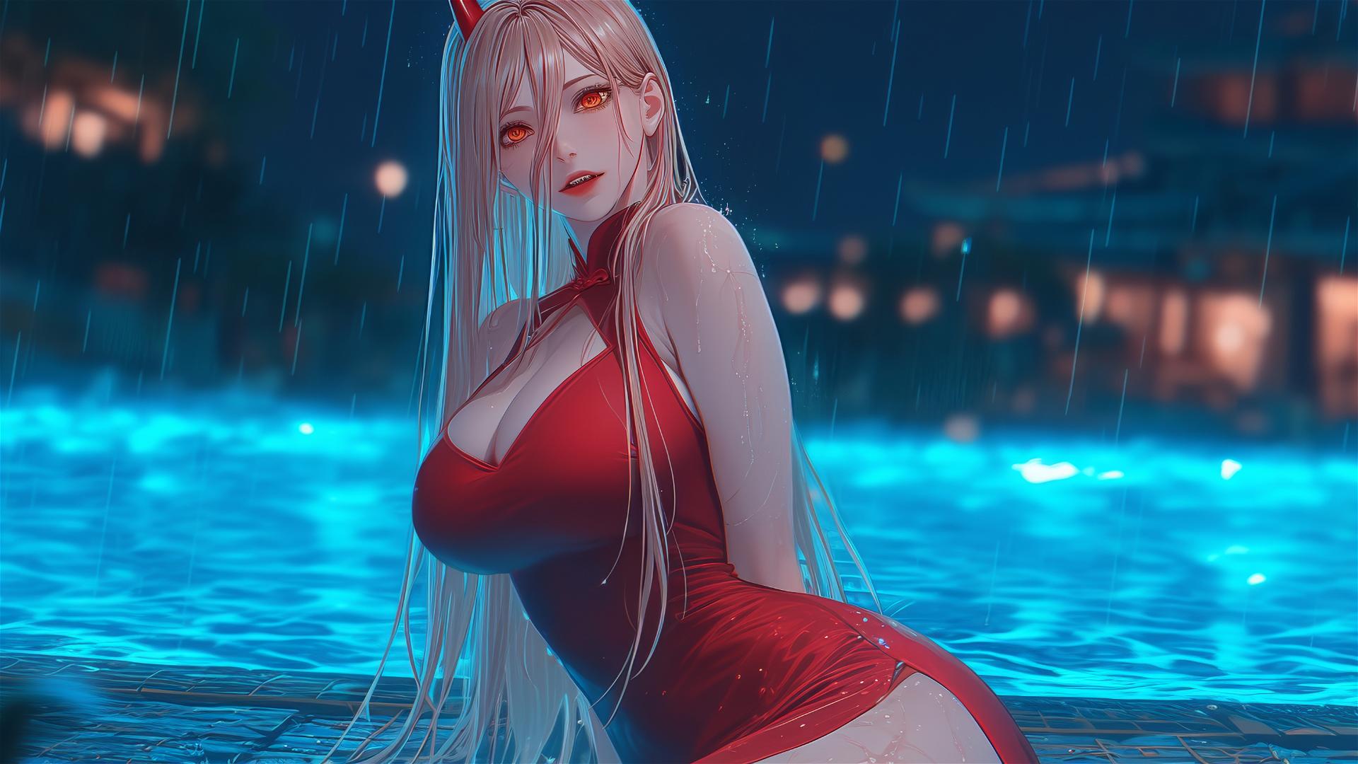 Power from Chainsaw Man in dynamic pose at rainy pool, blond hair, light red horns, in pure red dress