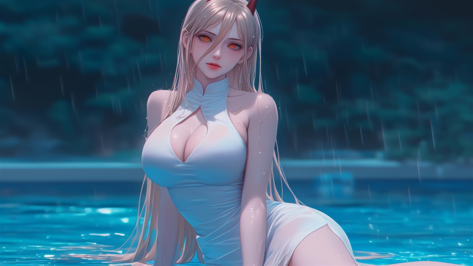 Power from Chainsaw Man in dynamic pose at a rainy pool, blond hair, light red horns, in pure white dress