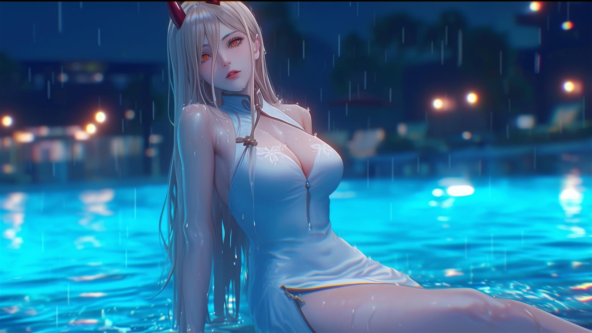 Power from Chainsaw Man lounging at a rainy pool, blonde, light red horns, white dress