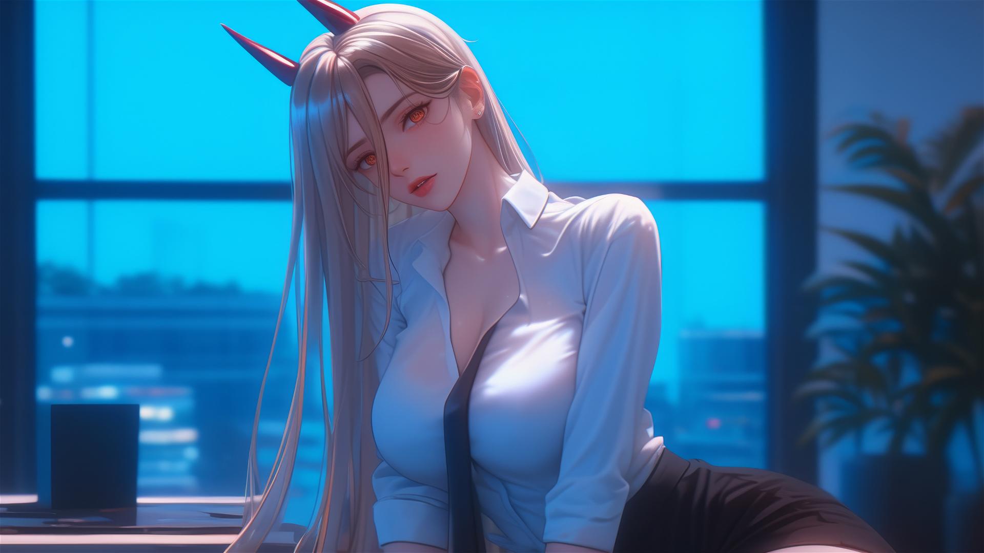 Power from Chainsaw Man in dynamic pose picking up an item from office floor, blonde hair, and light red horns