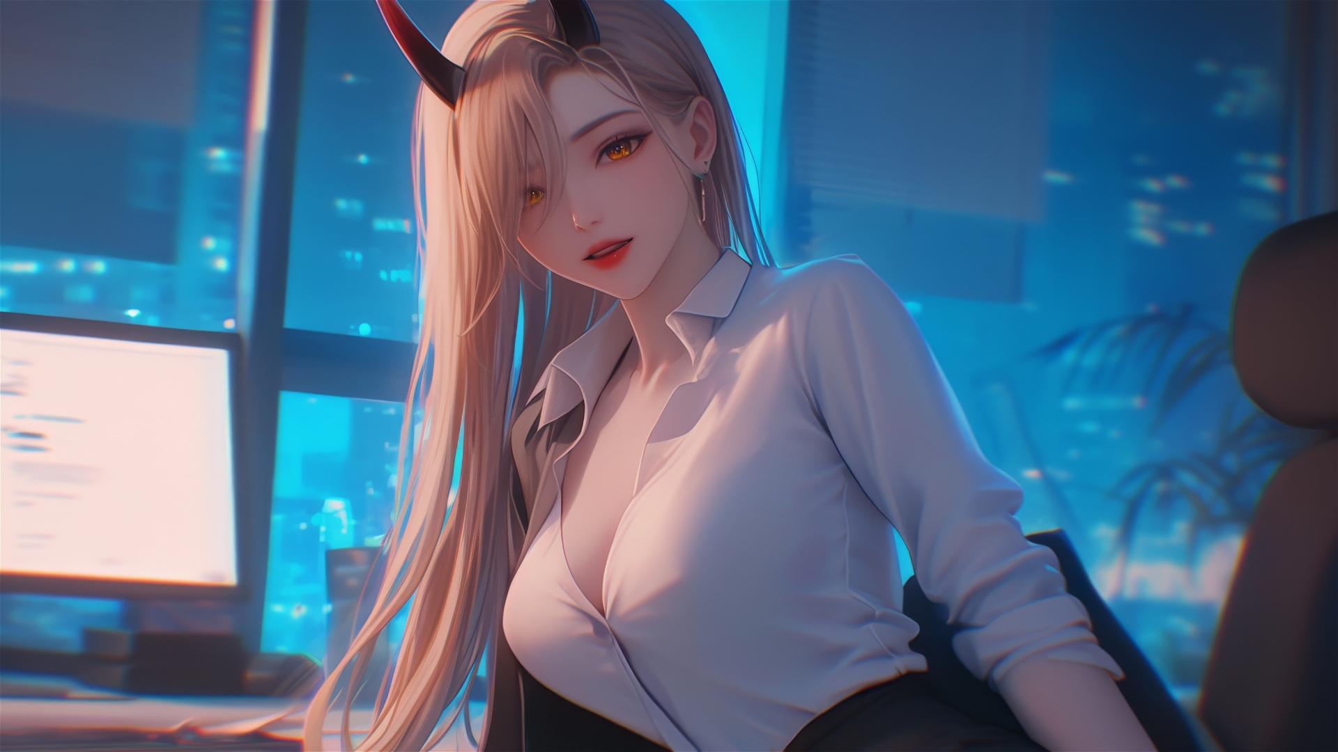 Powerful woman with blonde hair, light red horns, and yellow eyes viewed from a distant elevated angle in an office scene