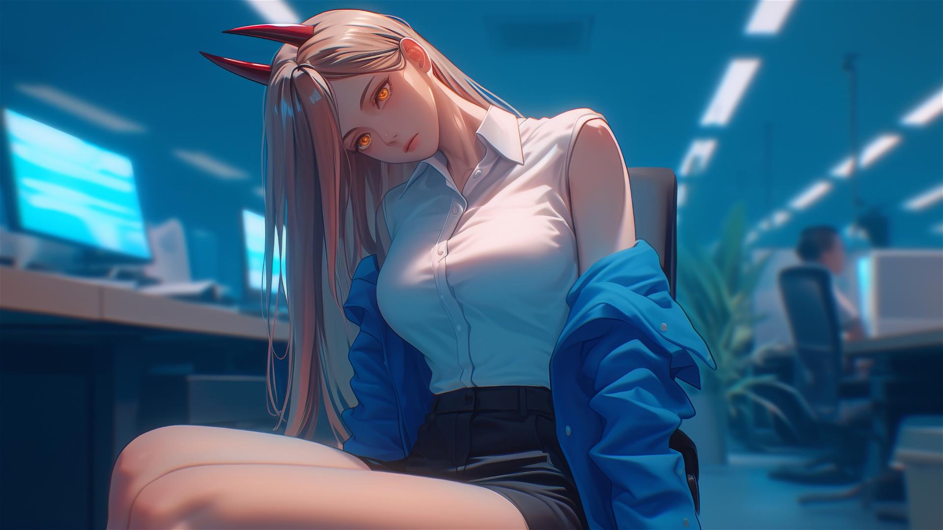 Power from Chainsaw Man with blonde hair and red horns in office hallway