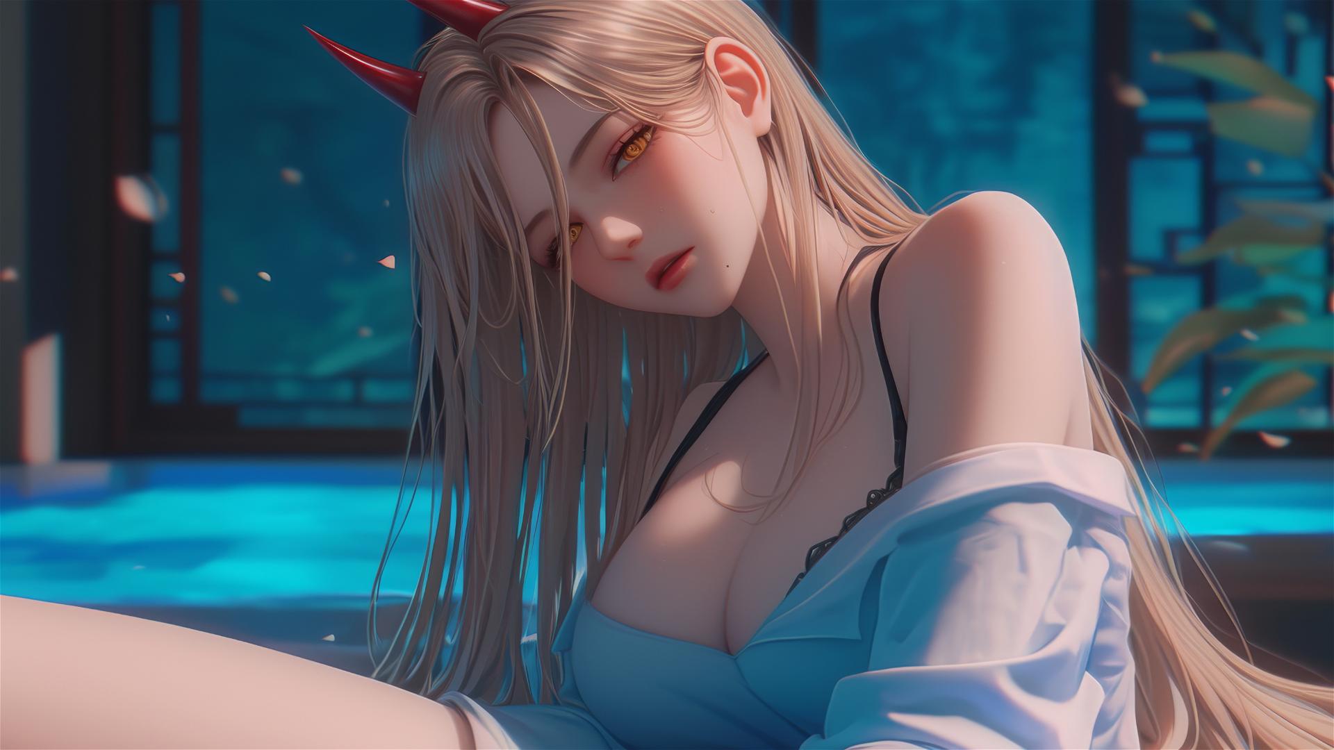 Anime character Power resting in apartment, with blond hair and red horns.