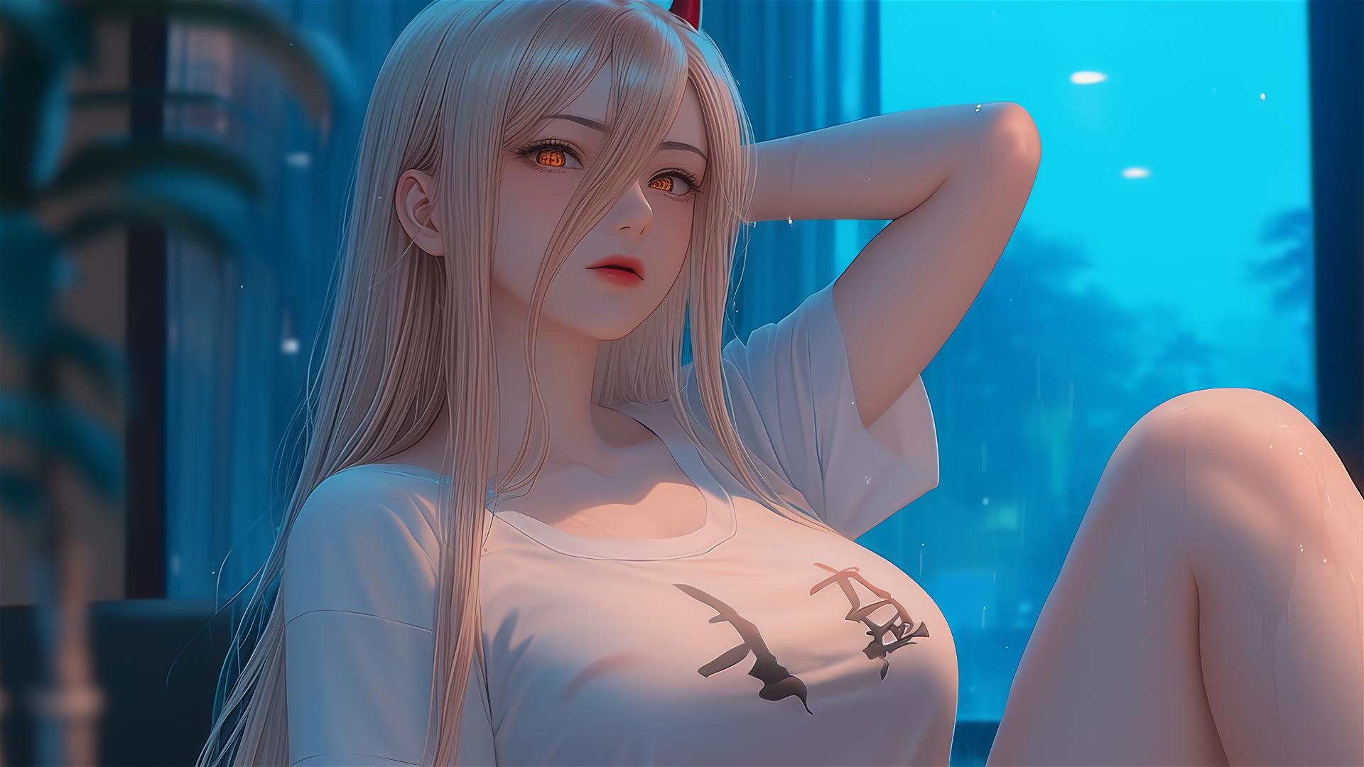 Power, a character from Chainsaw Man, is leisurely resting in an apartment, with focus on her thigh. She has blond hair, light red horns, and yellow eyes.