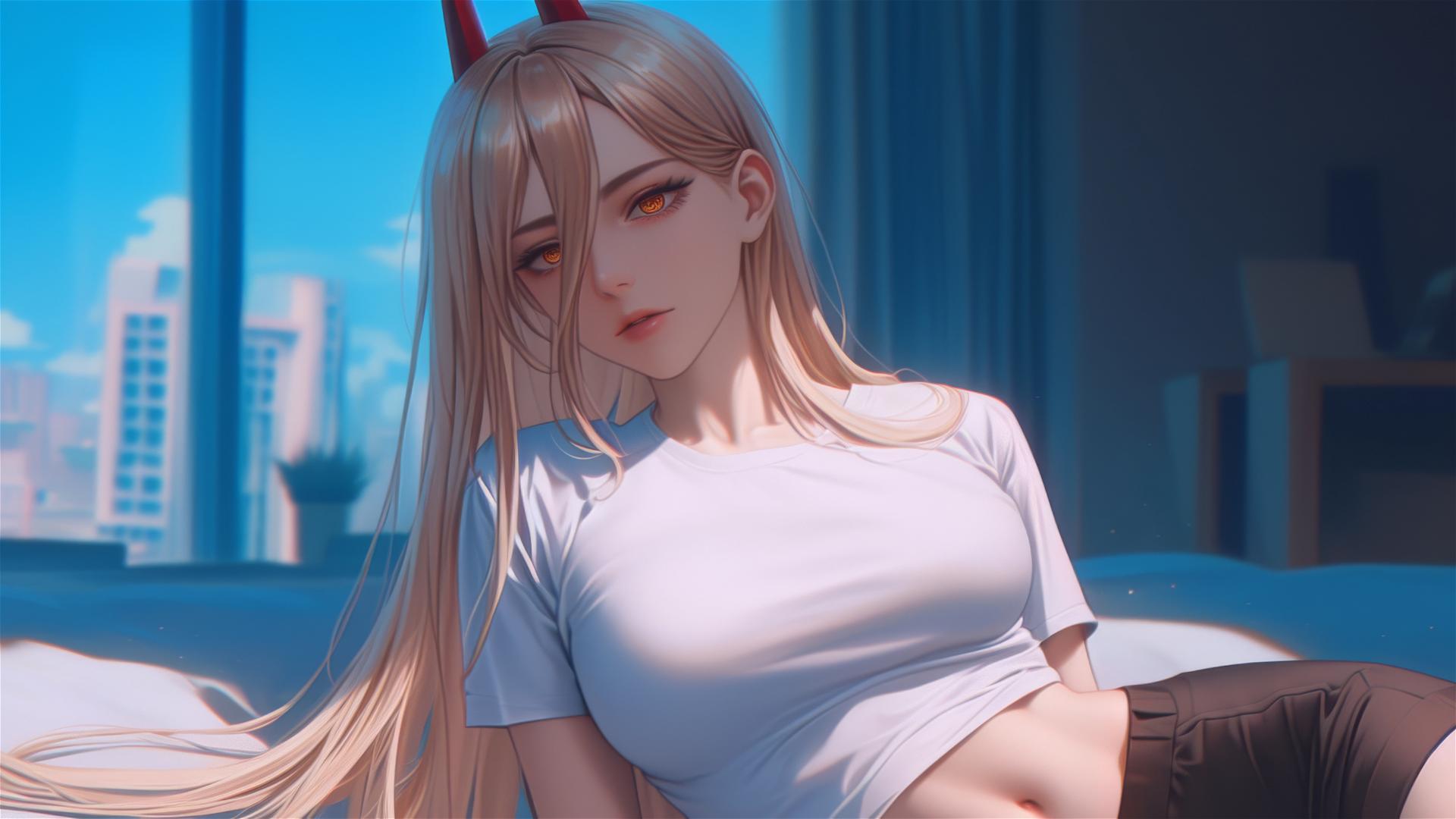Power from Chainsaw Man resting with thigh focus, blond hair, light red horns, yellow eyes