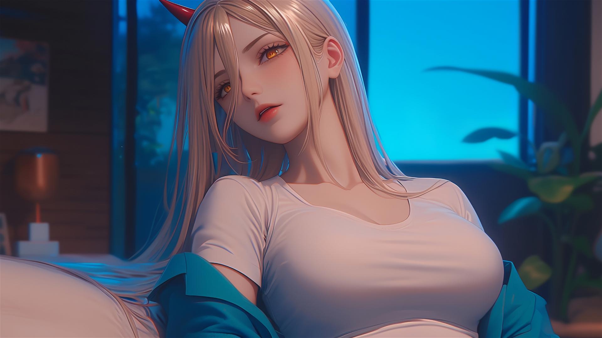 Power from Chainsaw Man resting with focus on thighs, blond hair, light red horns, yellow eyes