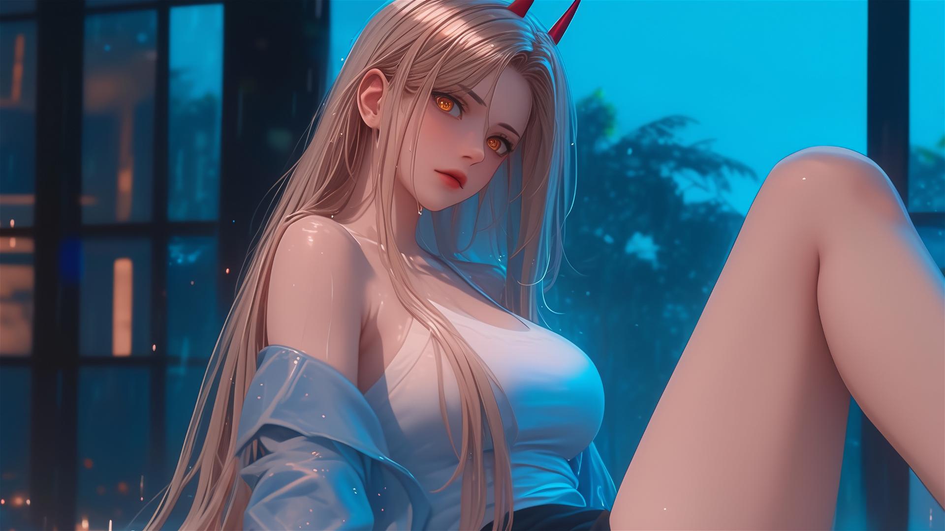 Power from Chainsaw Man resting with focus on thighs, blond hair, light red horns, yellow eyes.