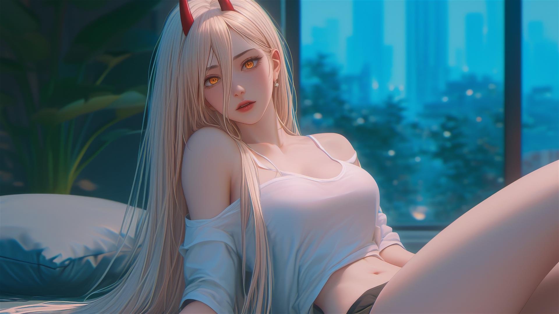 Power from Chainsaw Man resting at apartment, blond hair with light red horns, yellow eyes, thigh focus