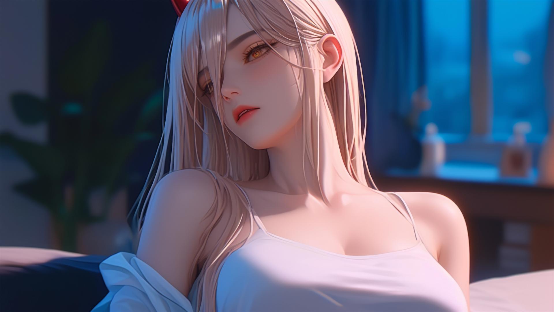 Power from Chainsaw Man, resting at apartment, focus on thighs, blond hair, light red horns, yellow eyes
