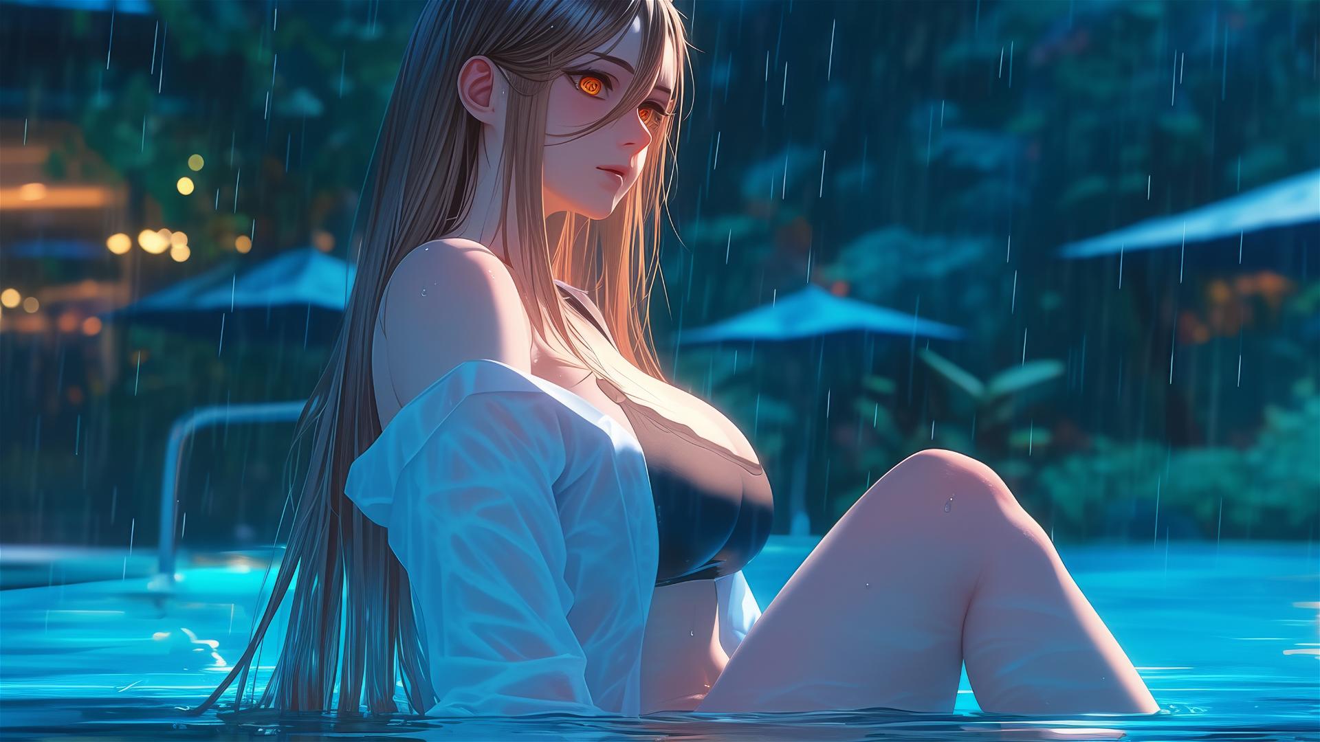 Power from Chainsaw Man resting by a rainy pool, showcasing blond hair, light red horns, yellow eyes and focused on thighs