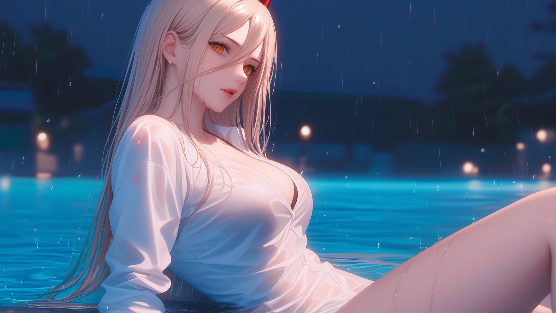 Anime character Power from Chainsaw Man resting at a rainy swimming pool with light red horns and yellow eyes, focus on thighs