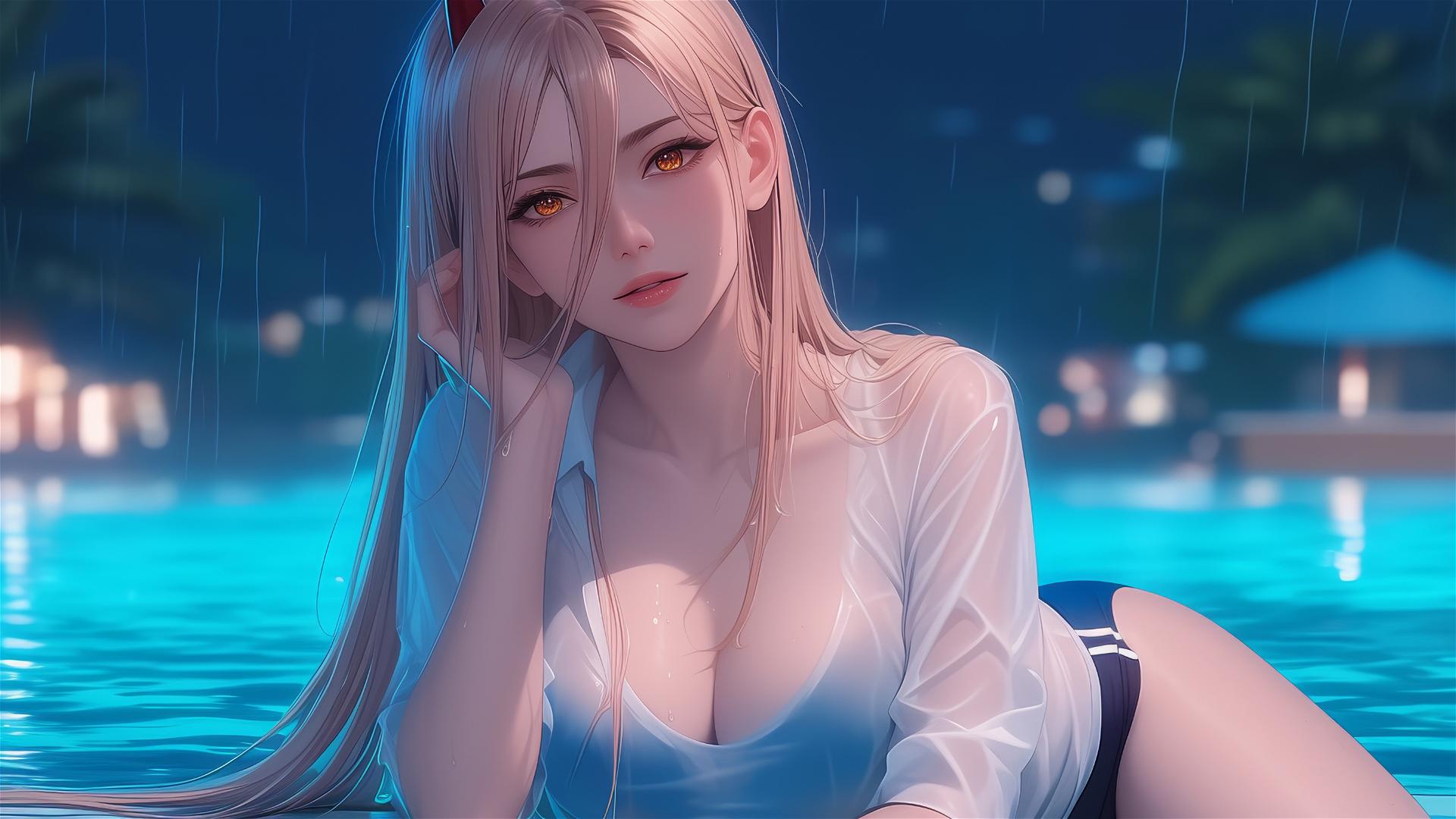 Power from Chainsaw Man resting at rainy pool with thigh focus