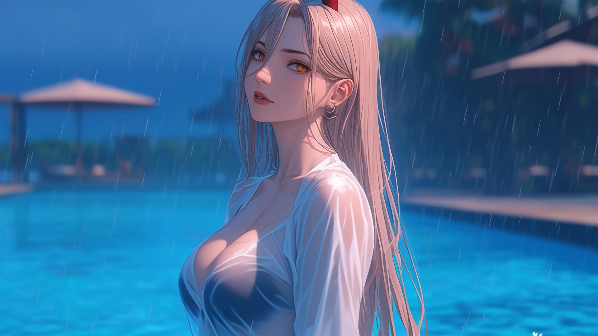 Power from Chainsaw Man resting at a rainy swimming pool, blond hair, light red horns, thigh focus, and yellow eyes