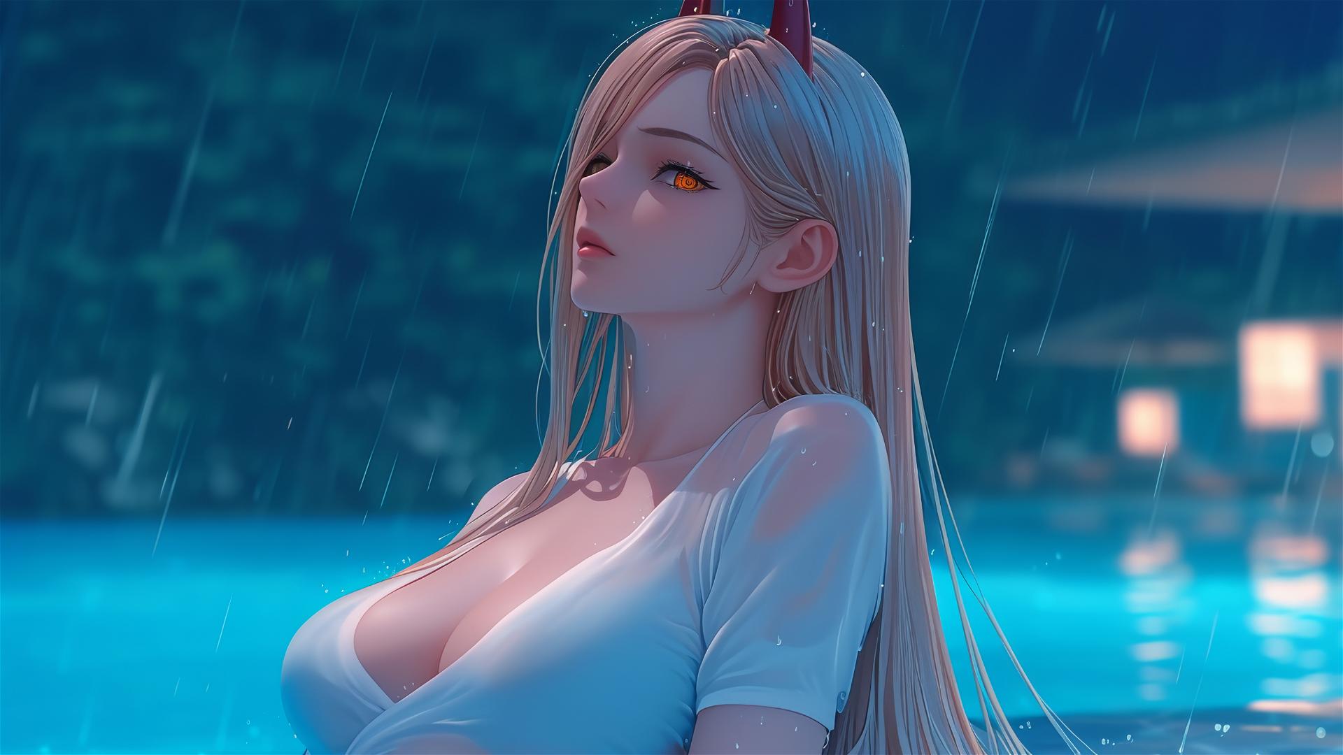 Power from Chainsaw Man, resting at a rainy pool, thigh focus, blonde, red horns, yellow eyes