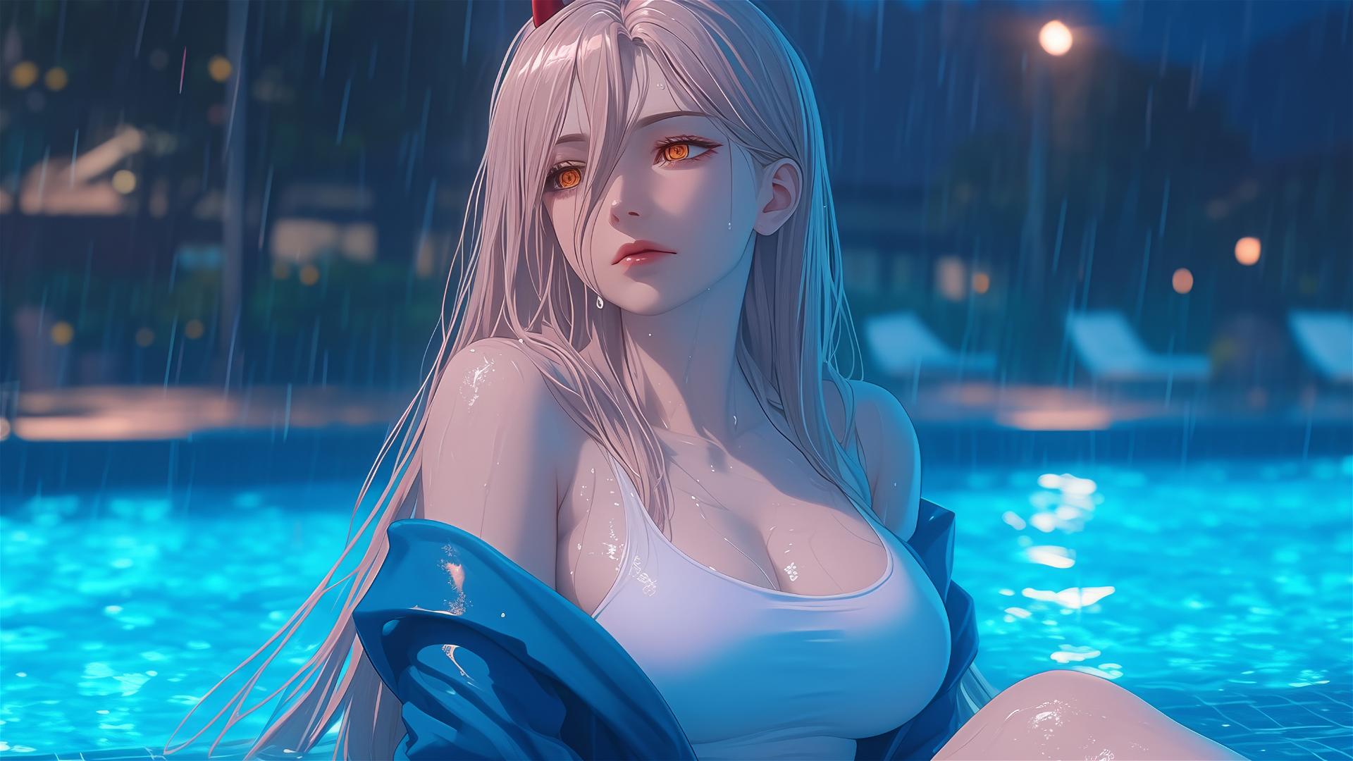 Power, character from Chainsaw Man, resting at a rainy swimming pool with focus on her thighs, blond hair, light red horns and yellow eyes