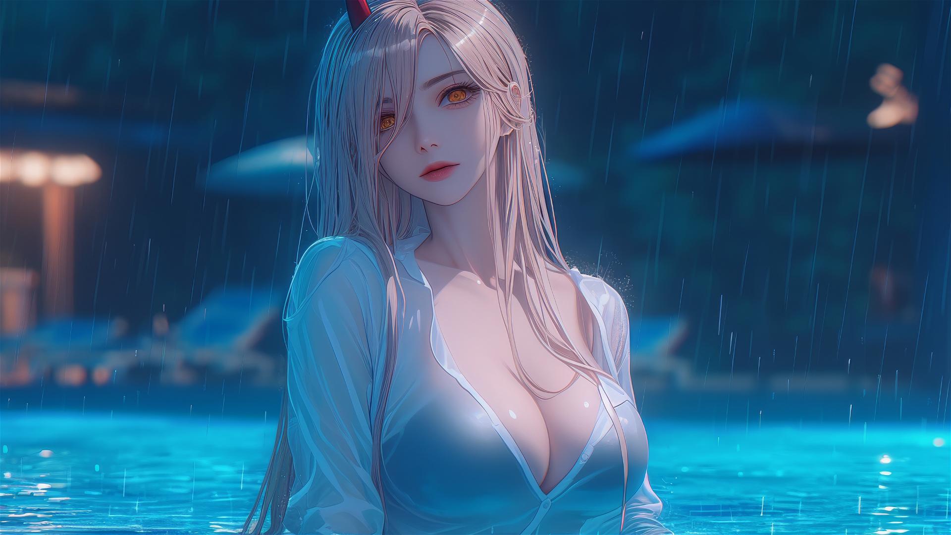 Power from Chainsaw Man resting at a rainy swimming pool with a focus on her thigh, featuring blond hair and light red horns, and yellow eyes.