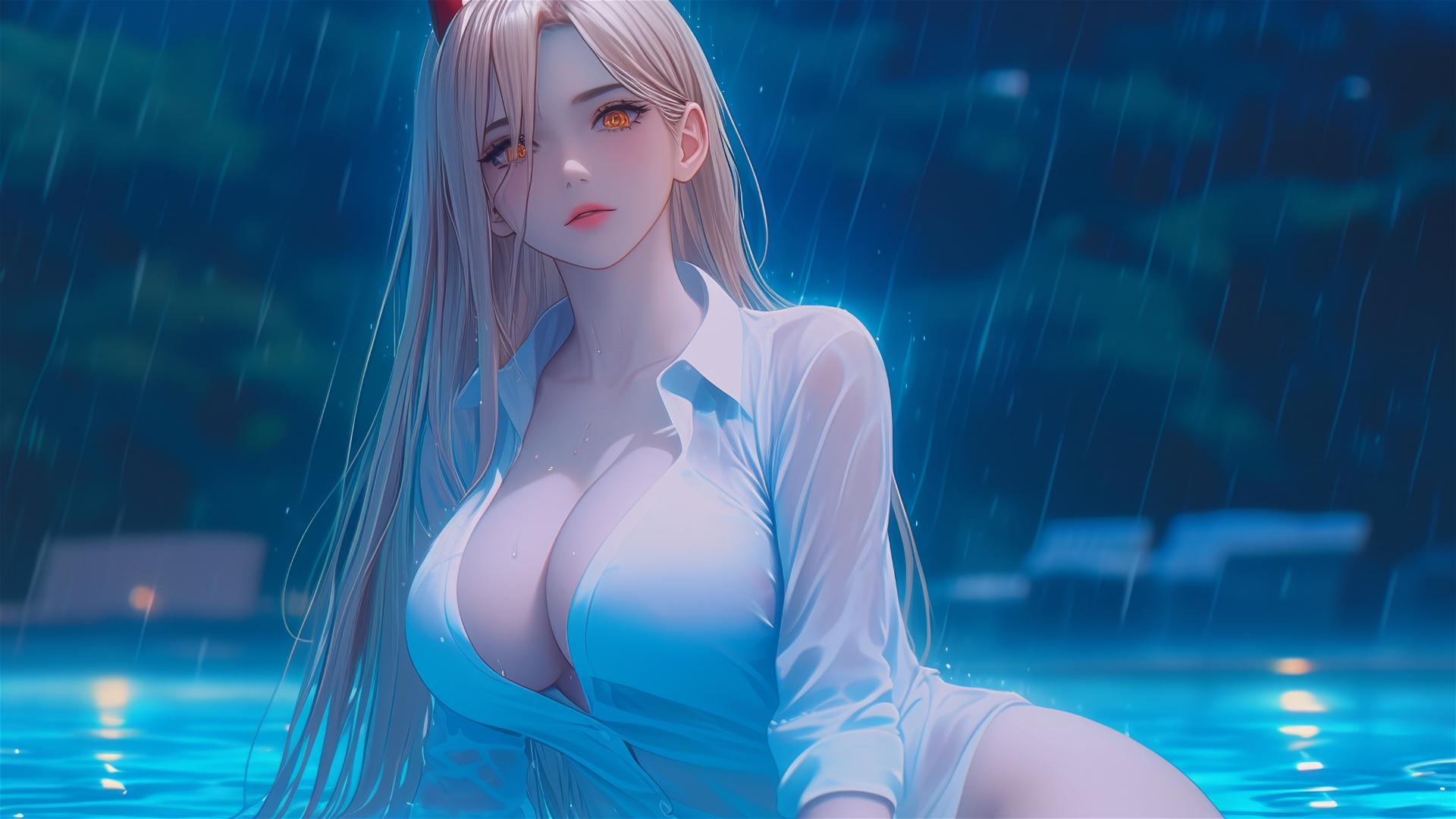 Power from Chainsaw Man resting by pool in rain, thighs in focus, blond, light red horns, yellow eyes