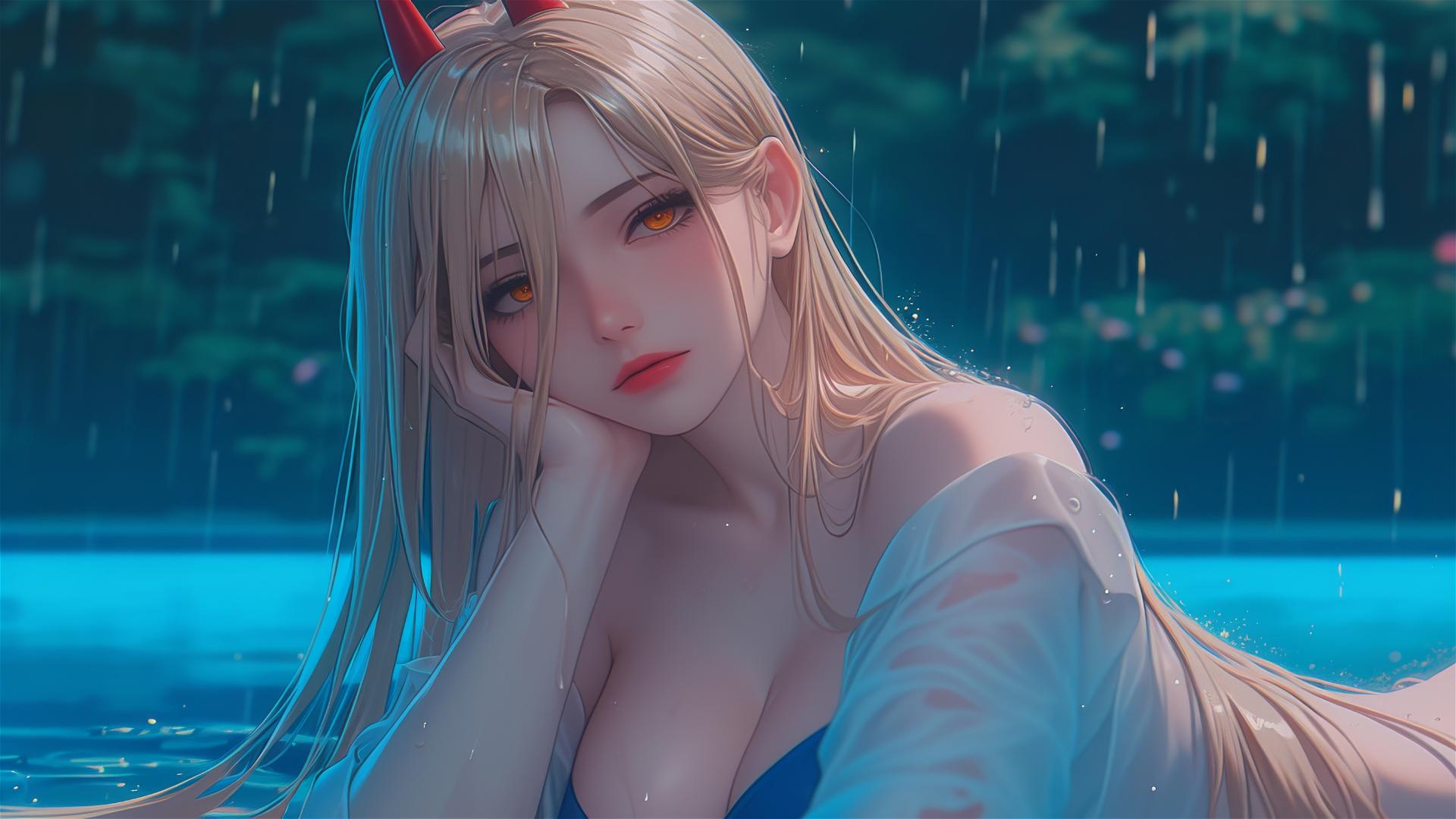 Power from Chainsaw Man resting at rainy pool with thigh focus, blond hair, light red horns, and yellow eyes.