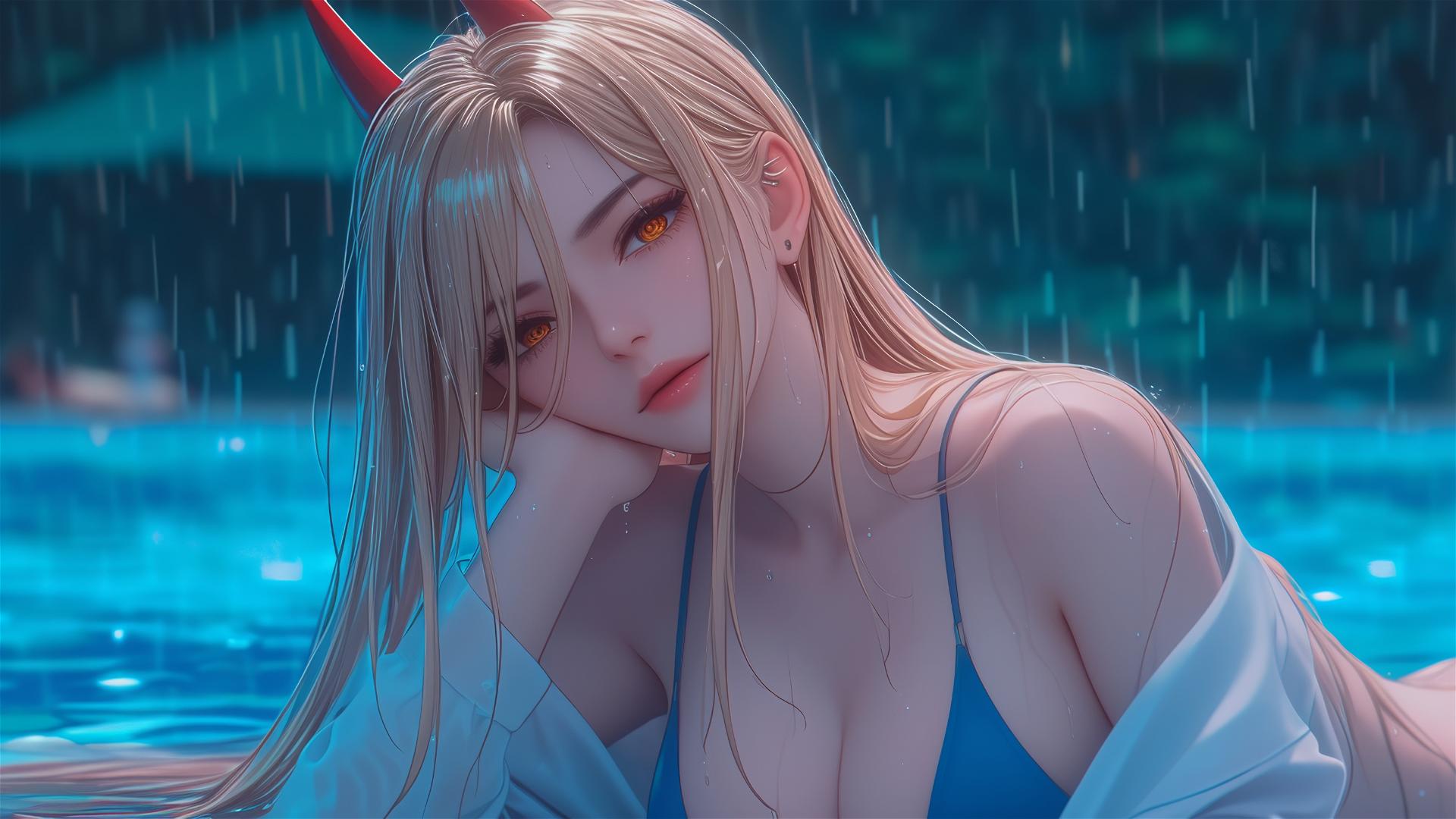 Power character from Chainsaw Man resting at rainy swimming pool with light red horns, blonde hair, and yellow eyes