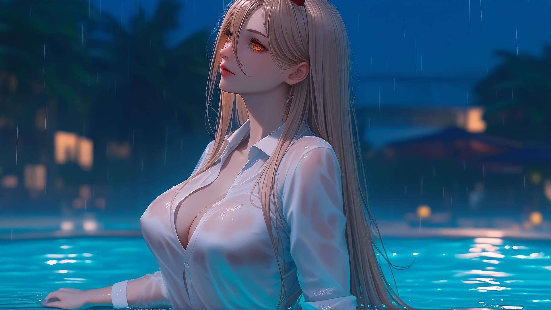 Power from Chainsaw Man resting by rainy pool, thigh focus, blond hair, red horns, yellow eyes