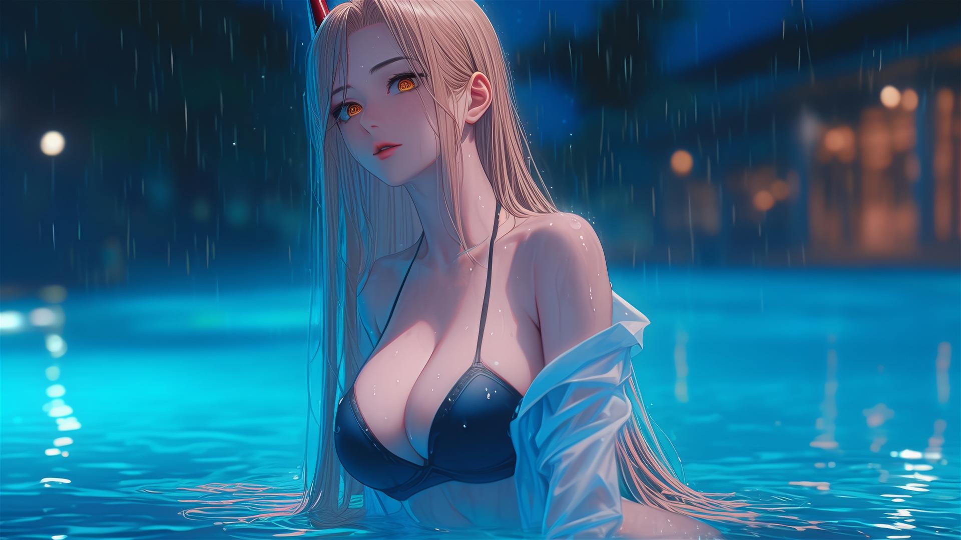 Blond Power from Chainsaw Man resting at rainy pool, red horns, yellow eyes