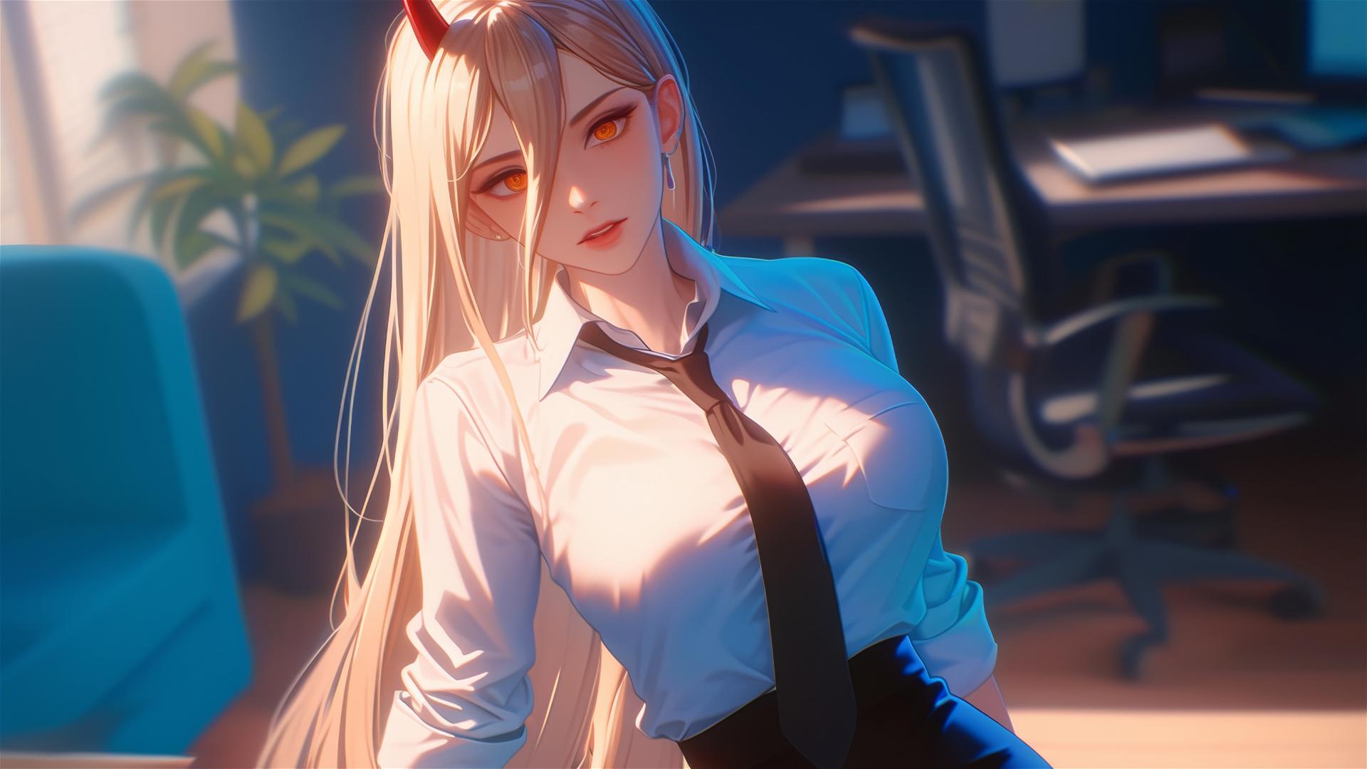 Power from Chainsaw Man standing in office, blond, red horns, distant view