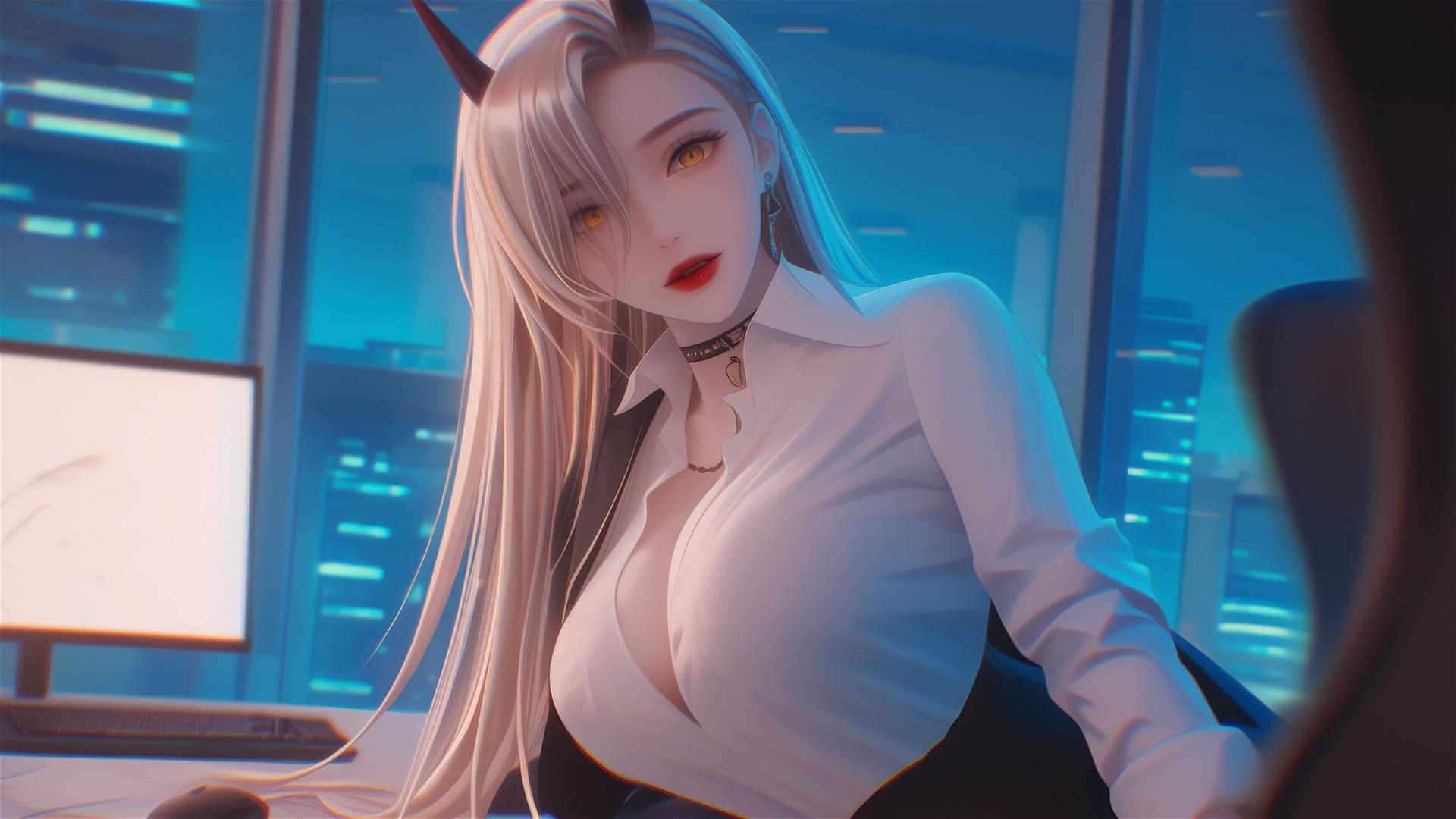 View of Power's blonde hair, light red horns, and yellow eyes in a distant, elevated angle office scene