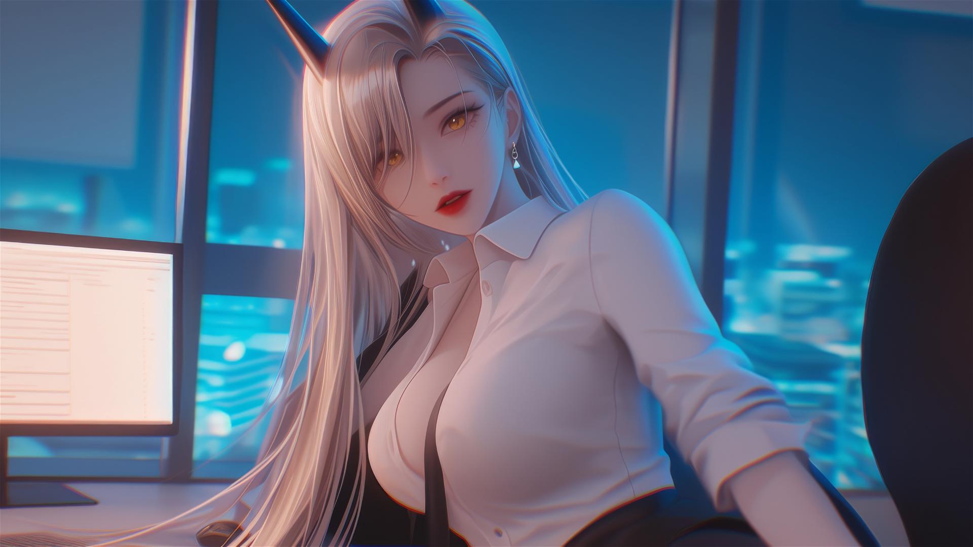 Elevated view of character Power from a distance, with focus on thighs, blonde hair, red horns, and yellow eyes in an office setting