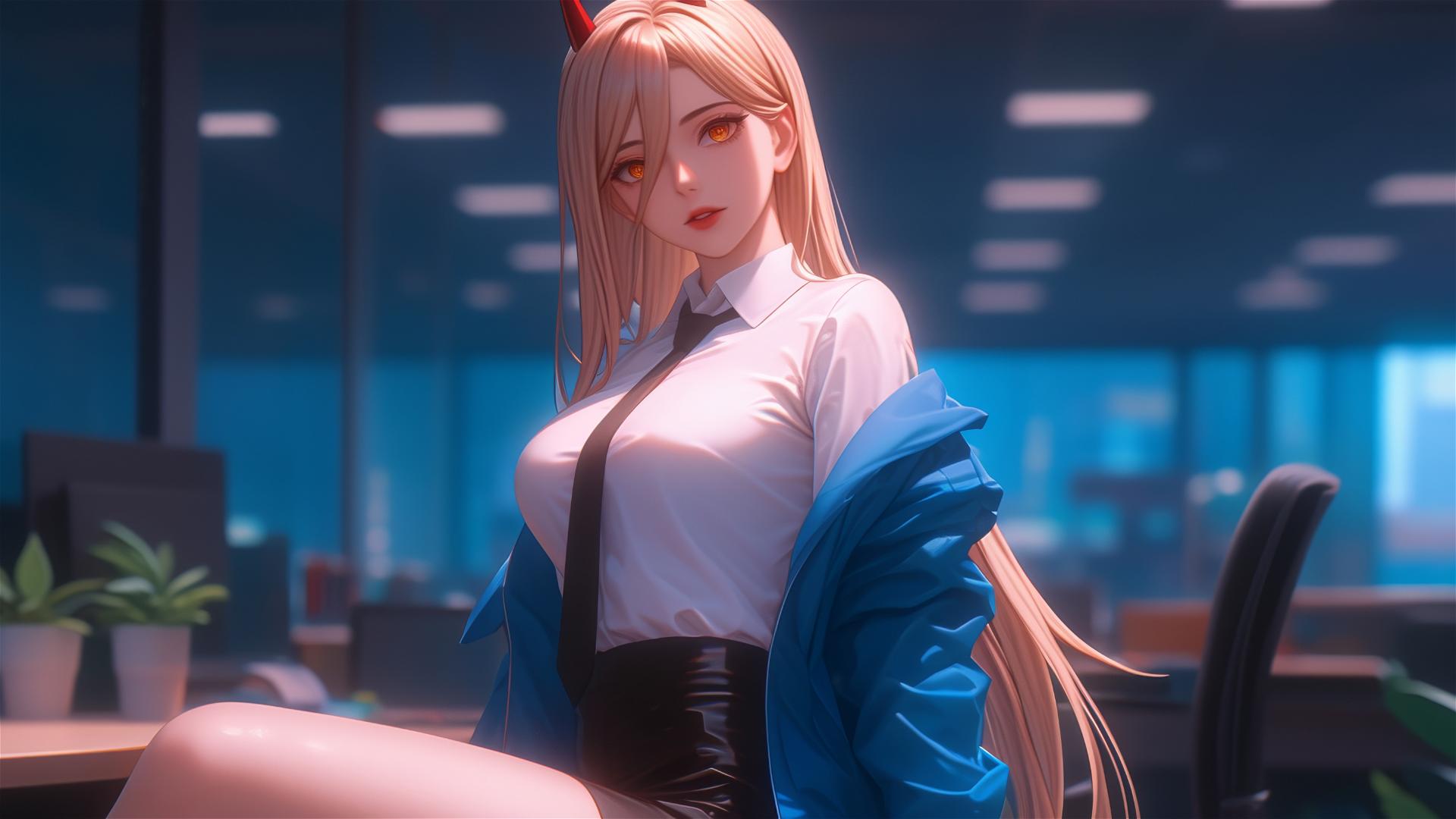 Power from Chainsaw Man standing in office, with a focus on thighs, blond hair, light red horns, and yellow eyes