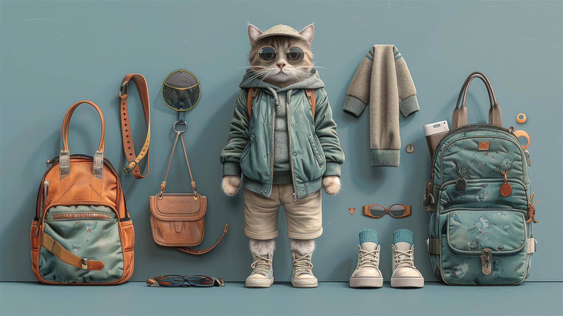 Fashionable cat in sunglasses, hat, shorts, and sneakers surrounded by accessories on a light blue background