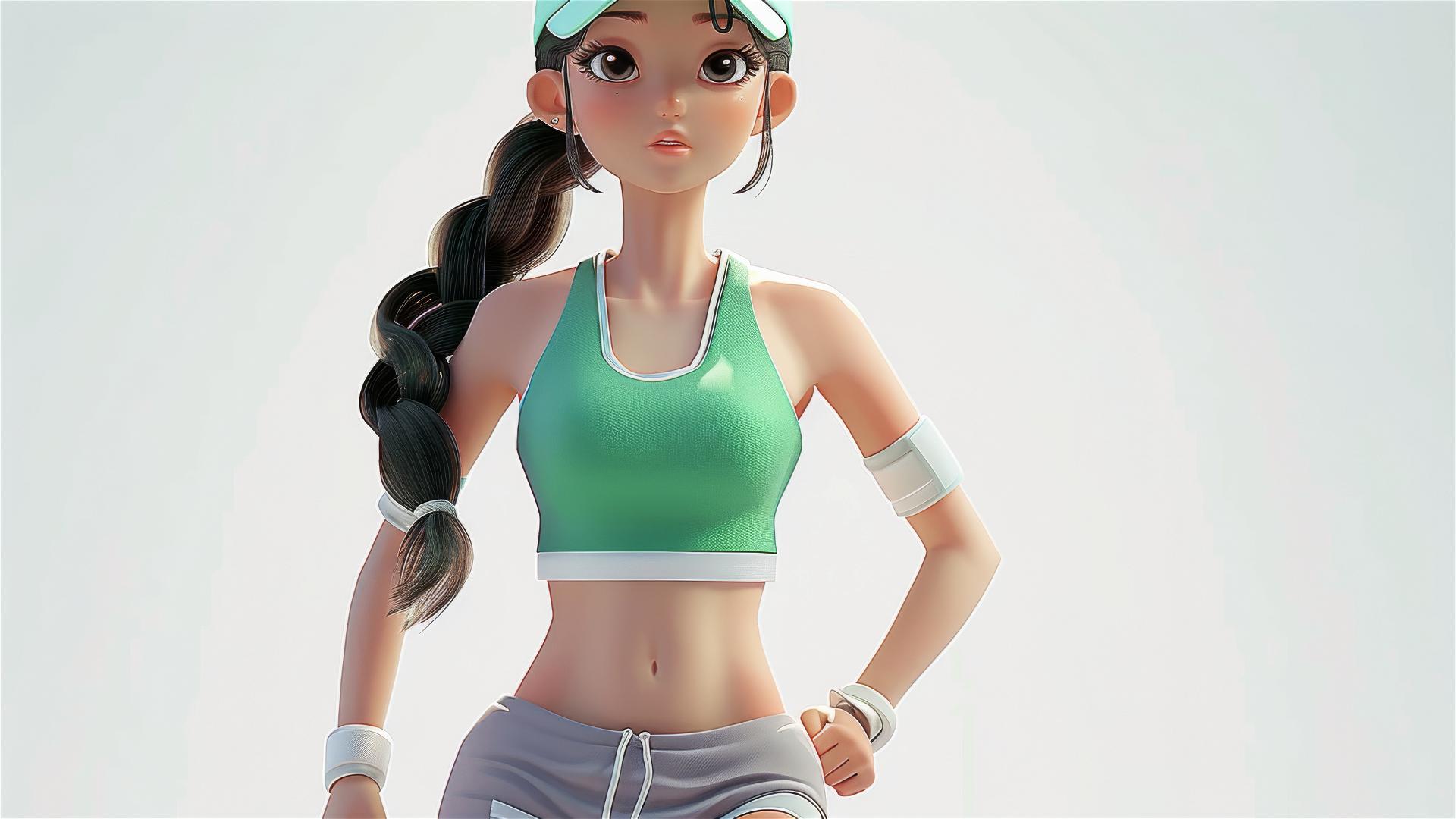 Woman in sportswear inspired by Li Rongjin, standing 3D anime figure with big eyes, designed by senior character artist, 3D rendering with ultra-high resolution