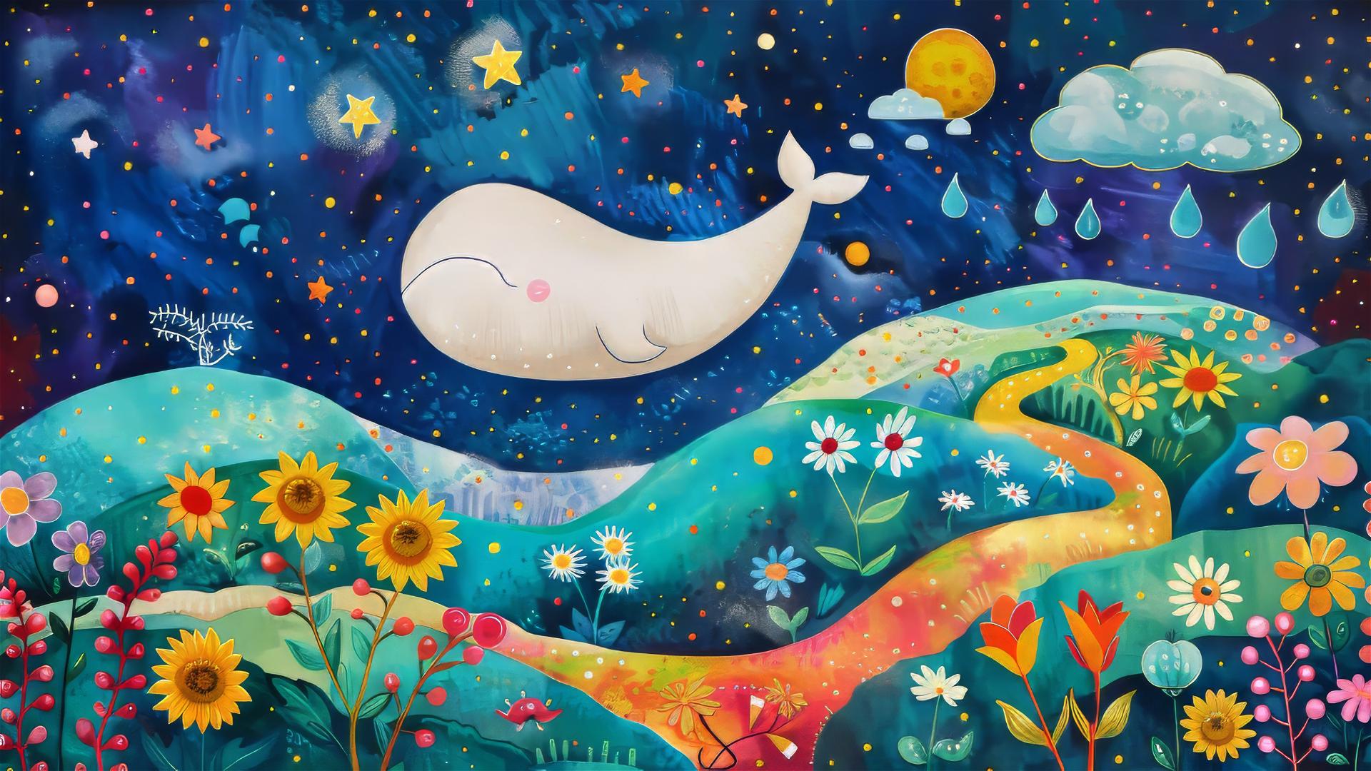 White whale swimming in the sky among stars, clouds, colorful landscape, and blooming flowers