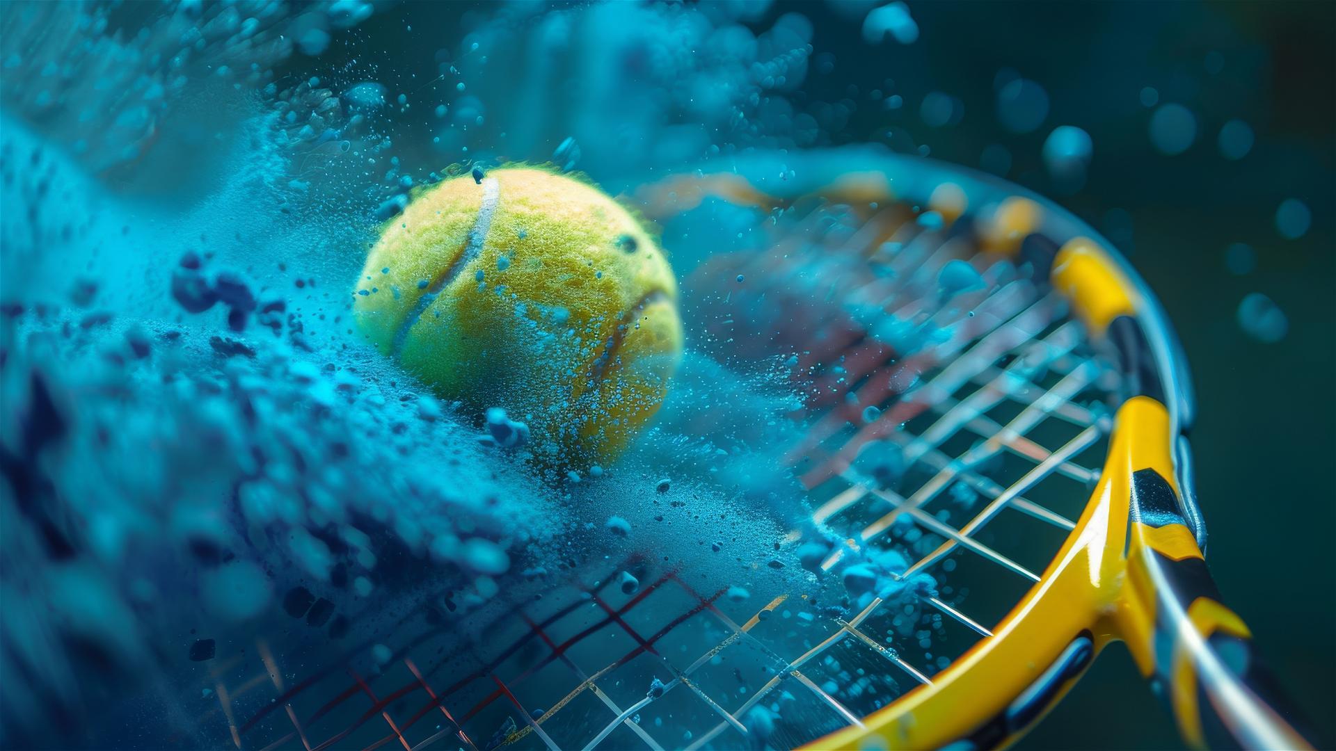 Close-up of yellow tennis ball hitting racket with blue powder explosion