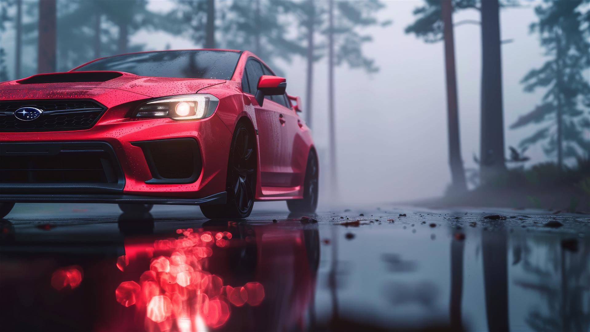 8K photorealistic closeup view of a Subaru Legacy in a dim, Gothic gloom and foggy ambiance