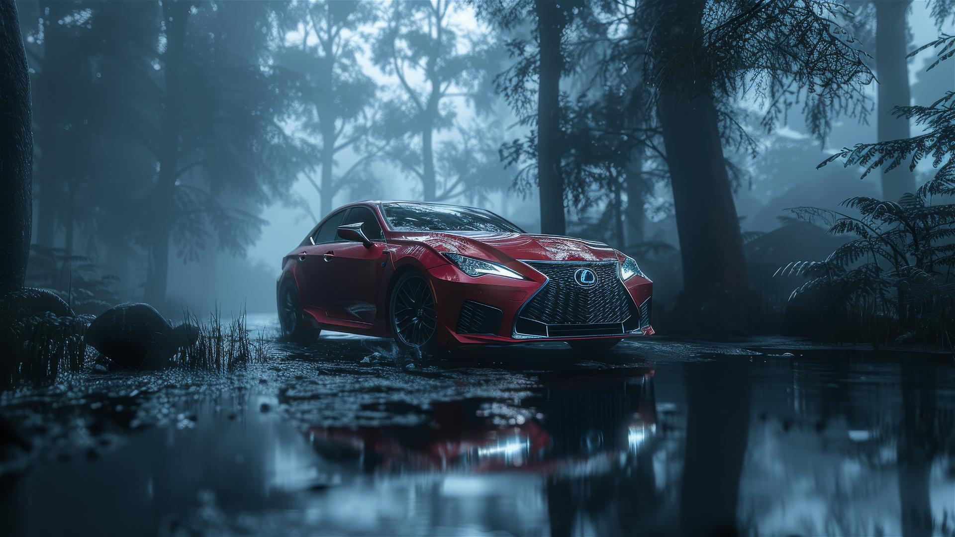 Closeup of Lexus ES in dim, foggy, and gothic gloomy setting