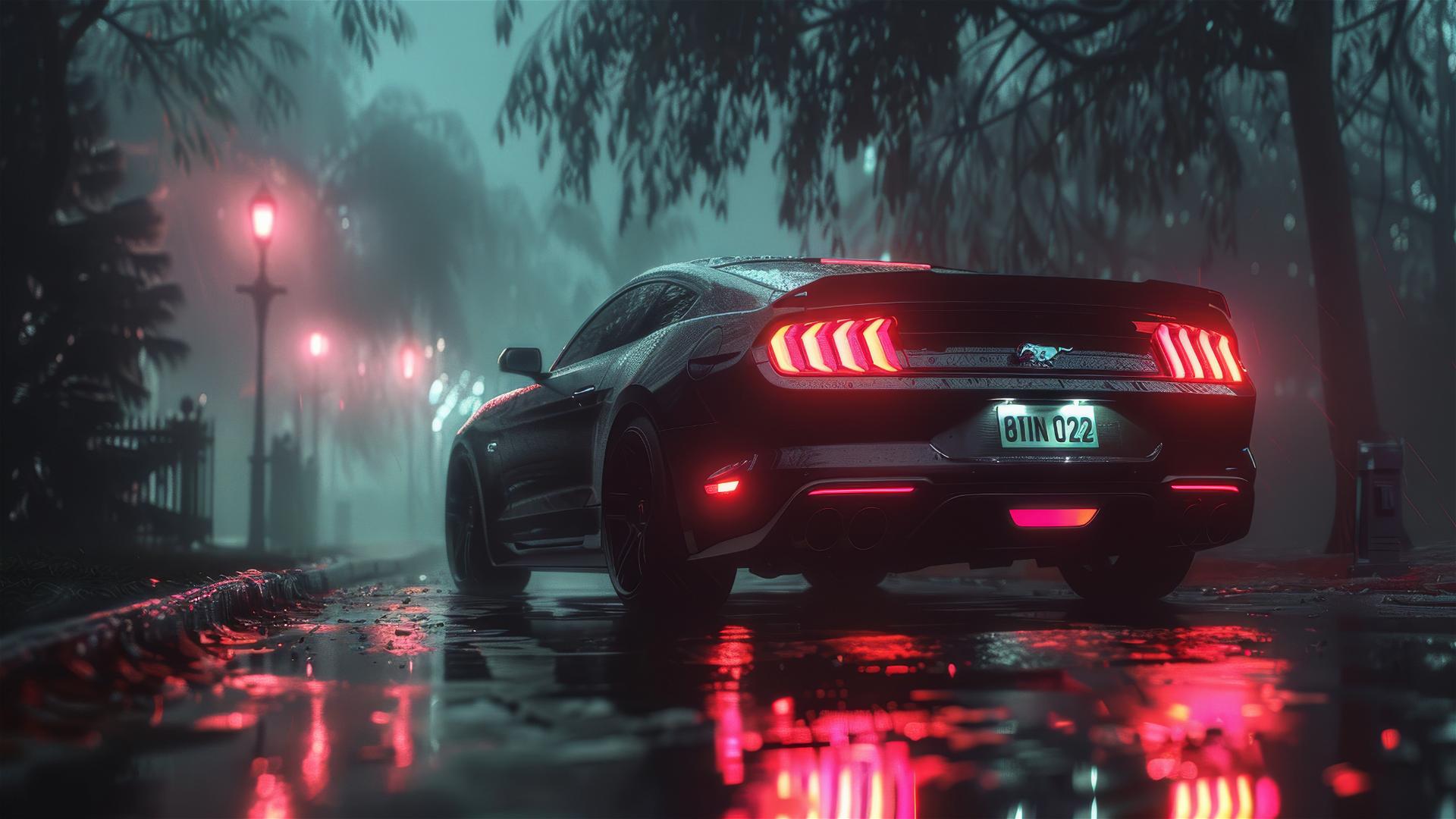Closeup view of Ford Mustang Mach-E in dim, foggy, gothic setting