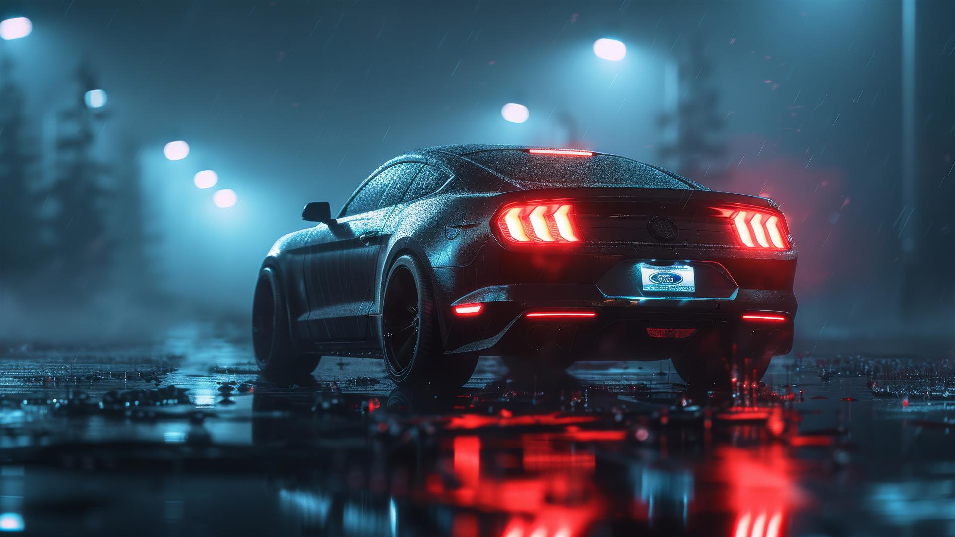 Closeup view of a foggy, gothic gloomy Ford Mustang Mach-E in dim lighting, presented in a photorealistic 8K smooth quality