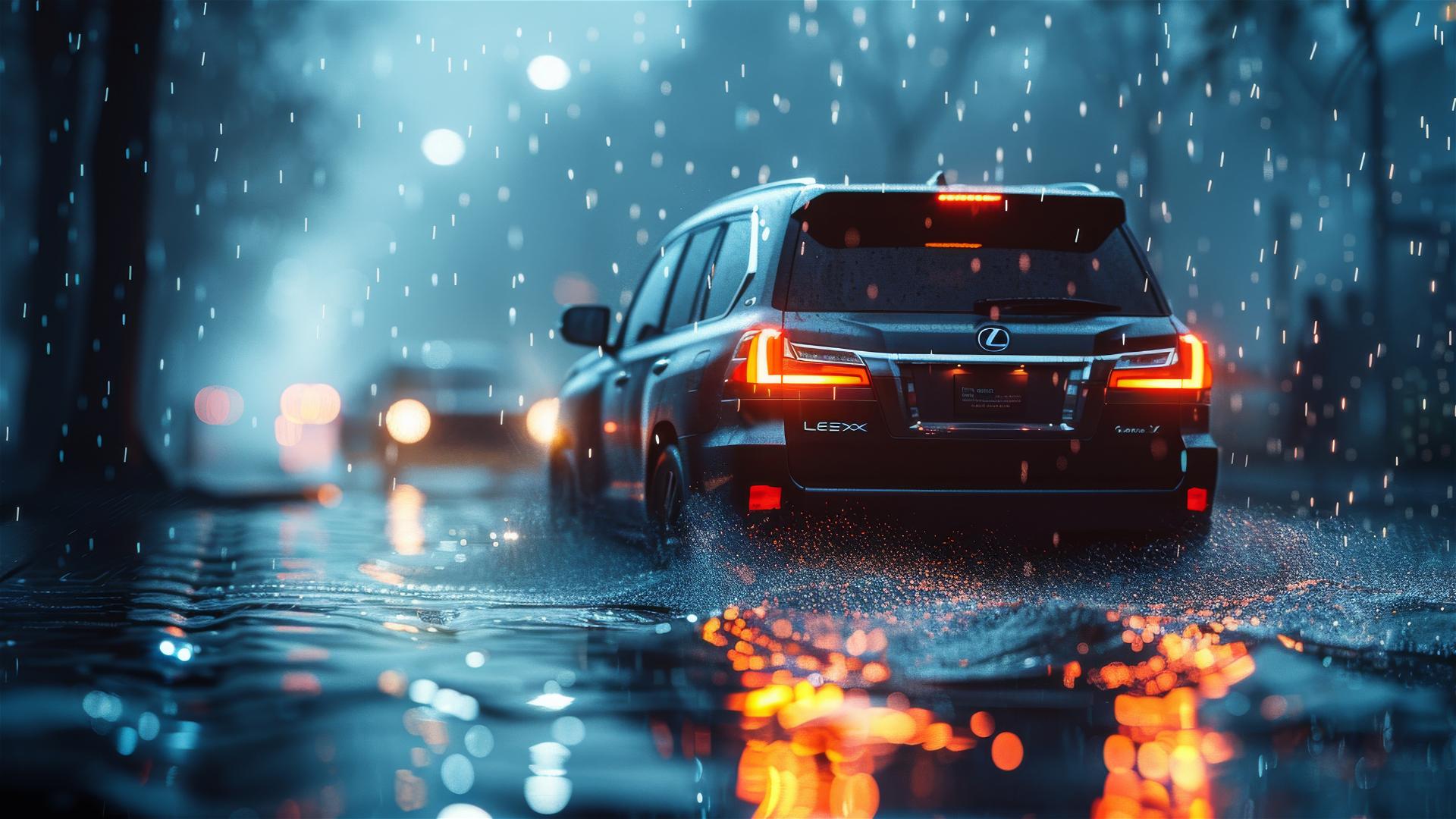 Gloomy closeup view of Lexus LX under dim lighting in 8K resolution