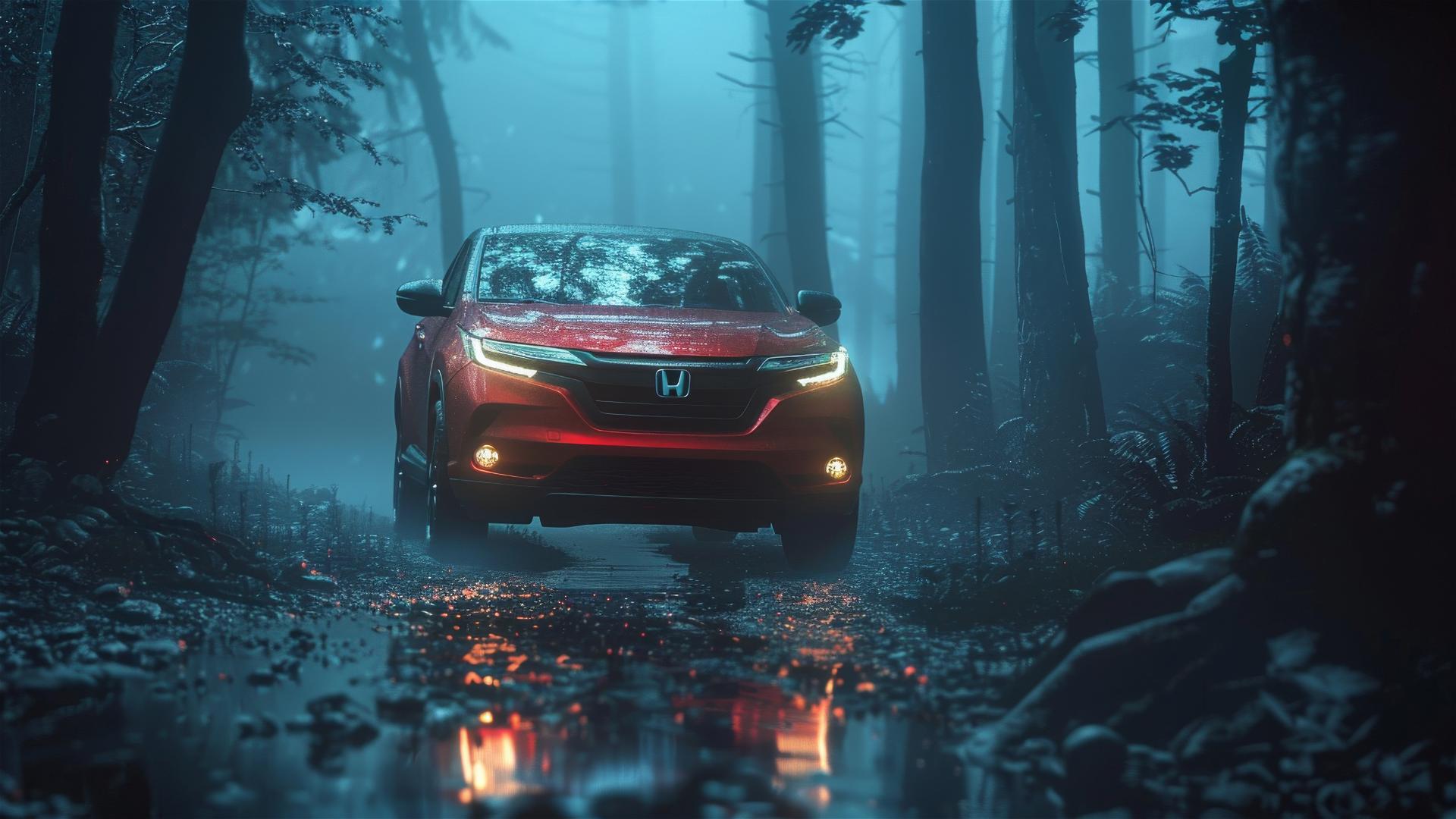 Honda HR-V with gothic gloomy mood in dim lighting, closeup view, foggy background