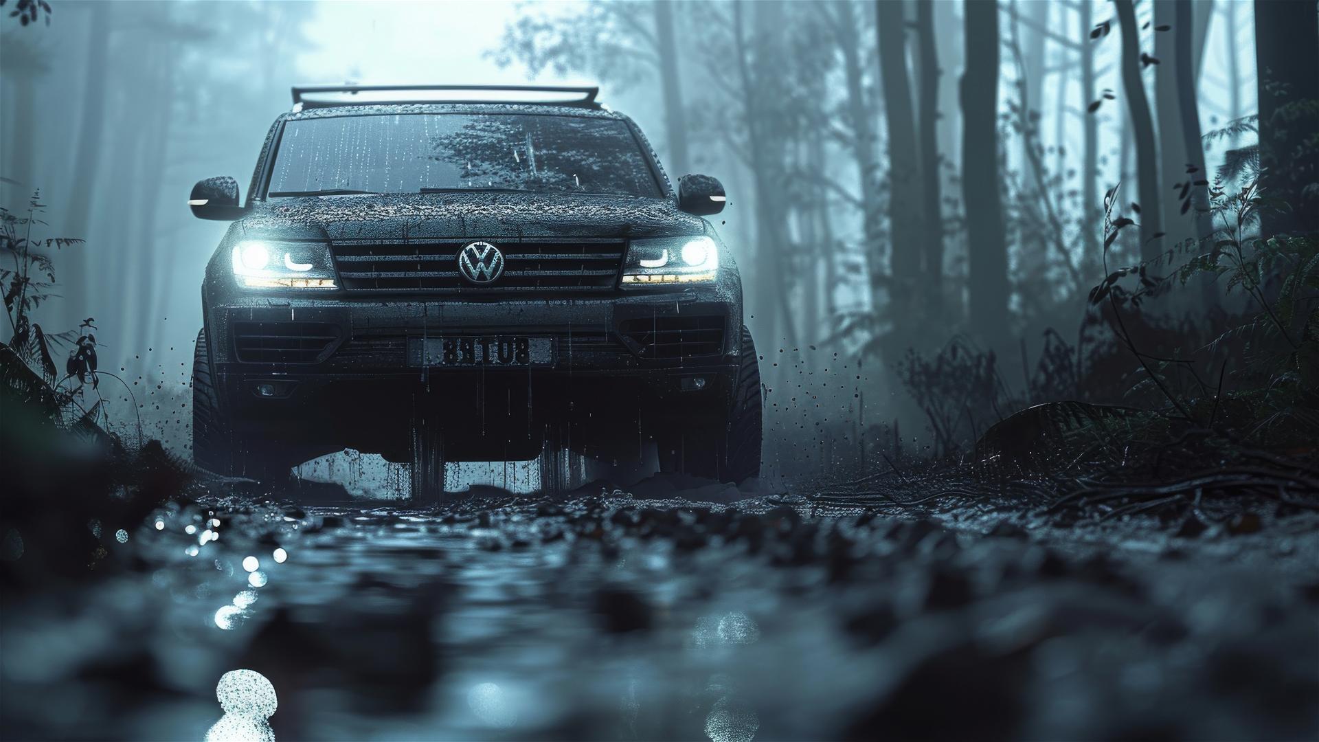 Volkswagen Touareg in dim lighting and fog with a gothic gloomy atmosphere