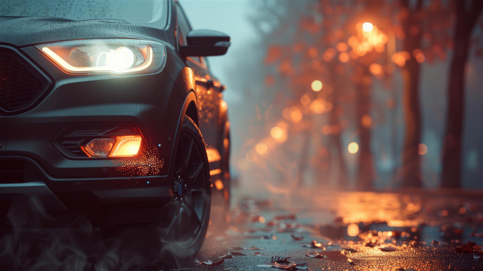 A photorealistic closeup view of a Ford Escape in dim, Gothic gloomy lighting and foggy conditions